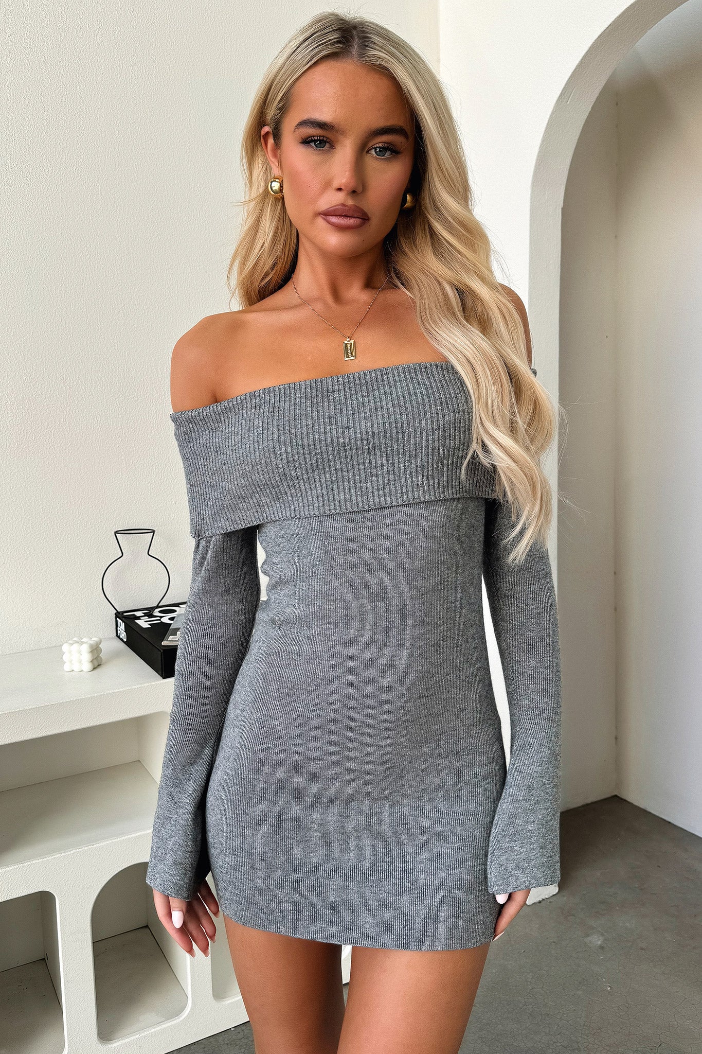 Aaliyah Off Shoulder Knit Mini Dress - Grey - XNAUWBI