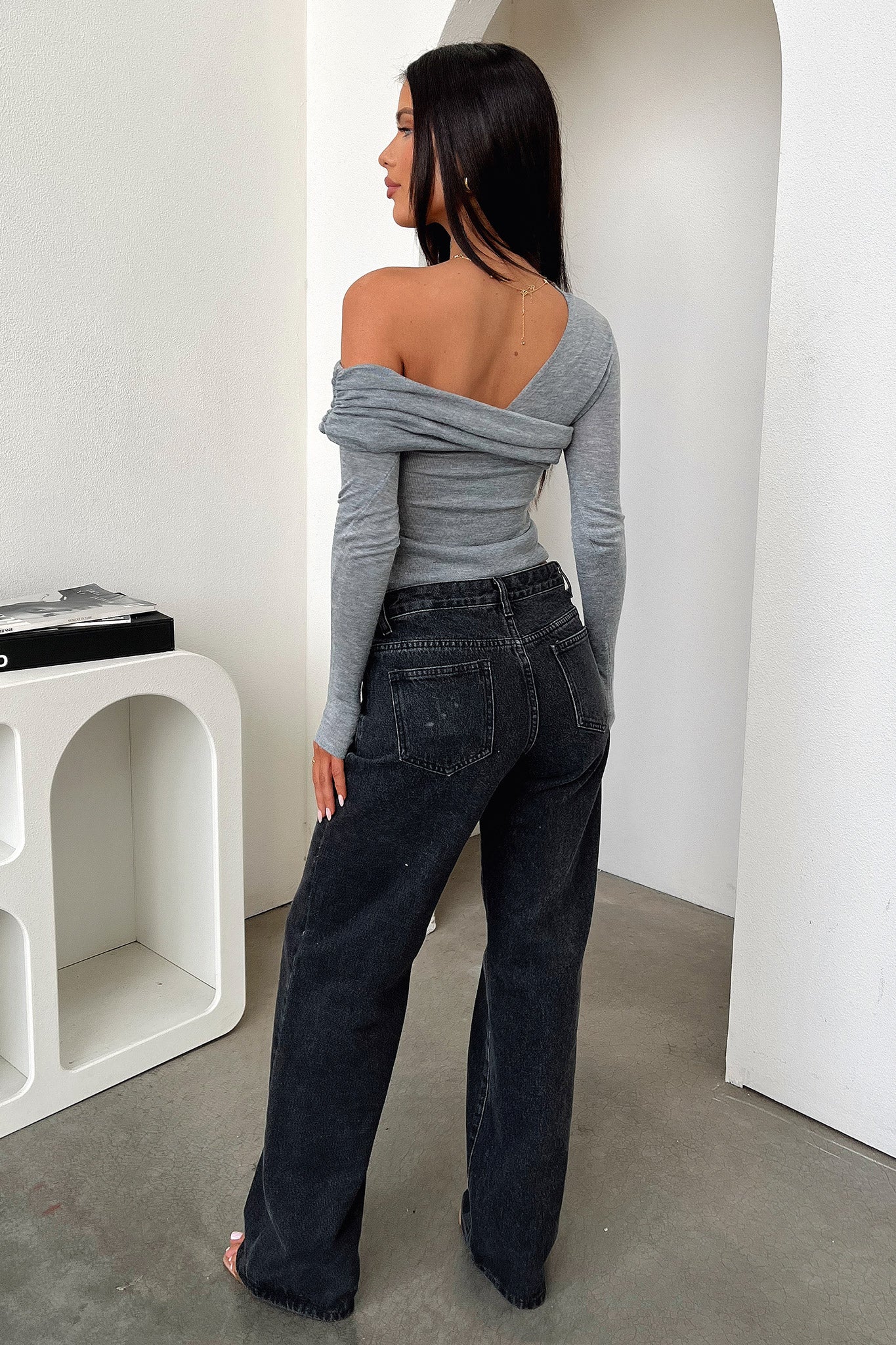 Rochelle Off Shoulder Long Sleeve Top - Grey - XNAUWBI