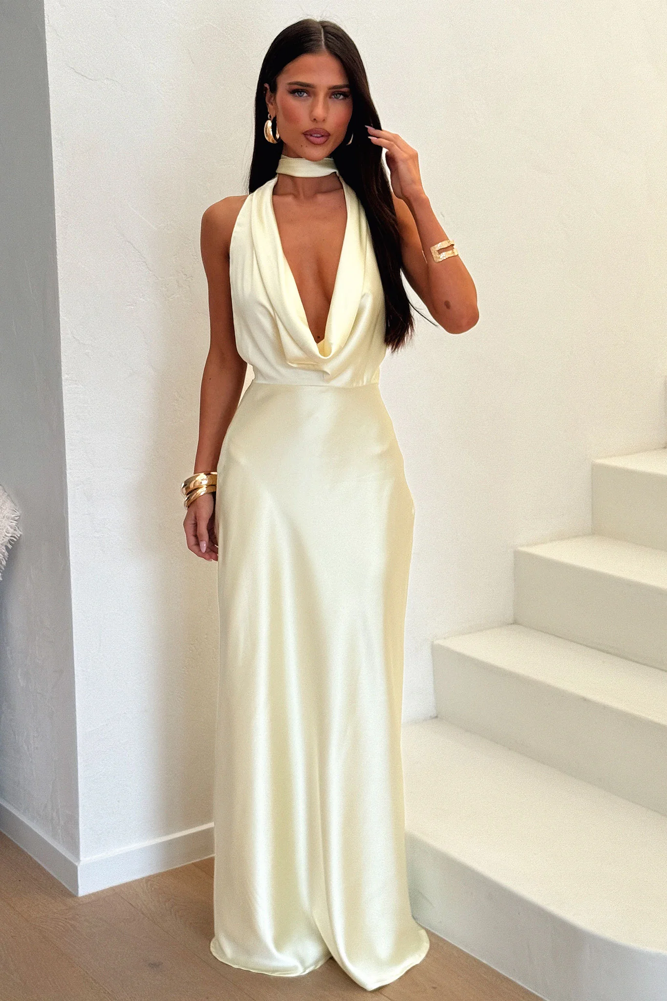 Zealand Plunge Halter Satin Maxi Dress - Yellow - XNAUWBI