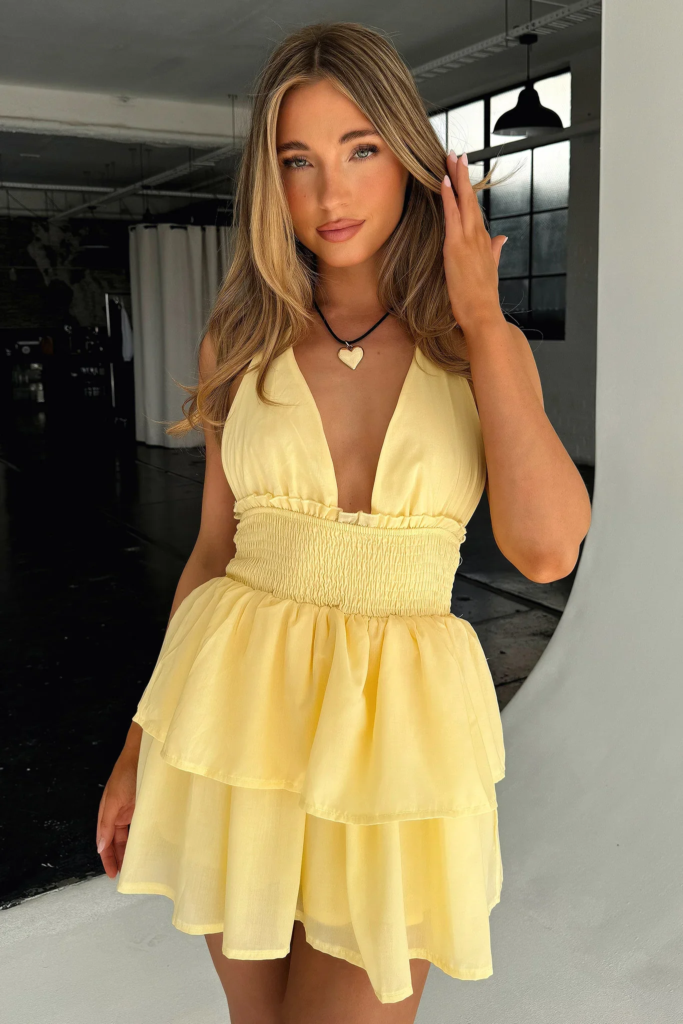 April Tiered Halter Mini Dress - Yellow - XNAUWBI