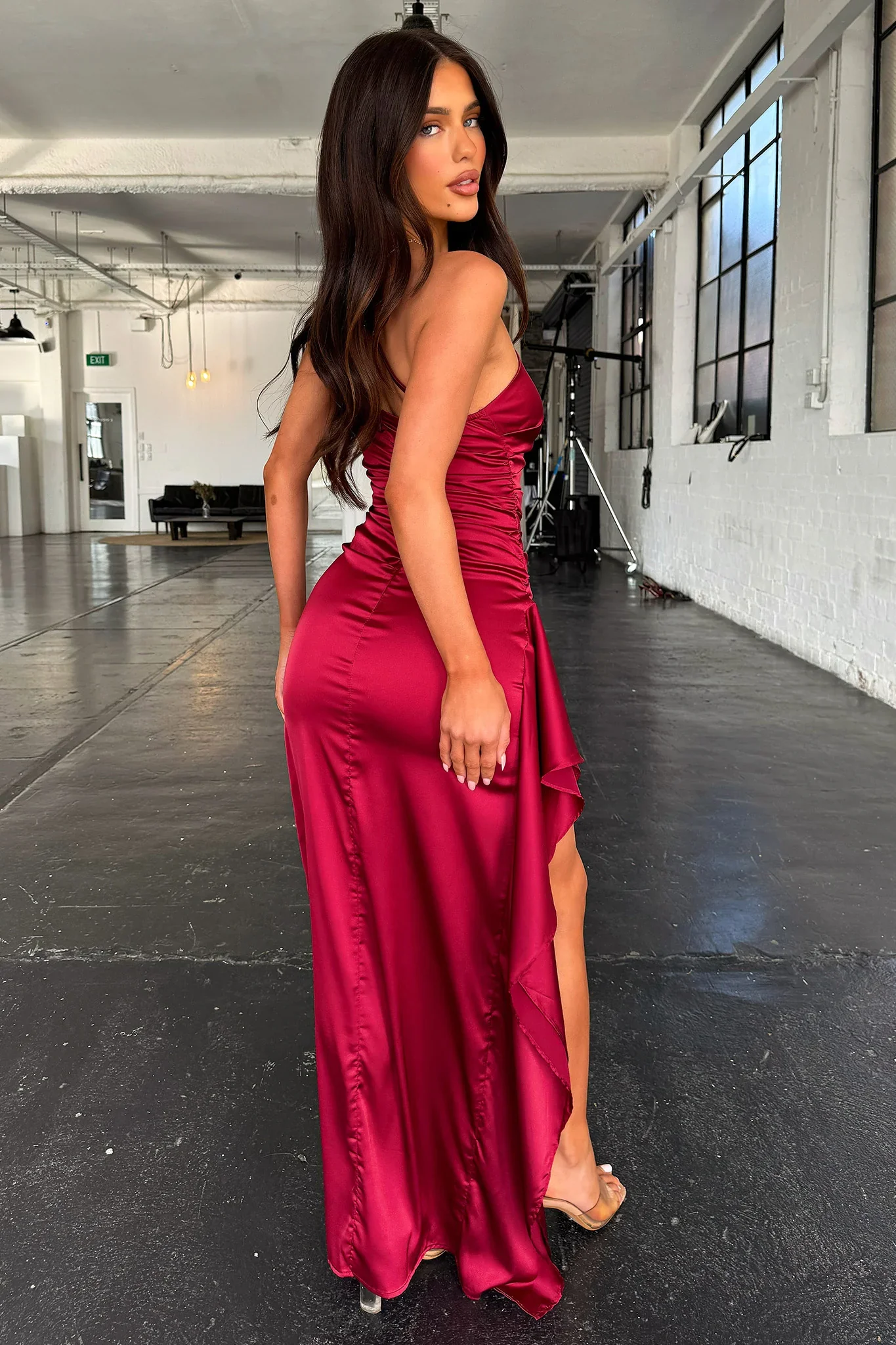 Elianna One Shoulder Satin Maxi Dress - Burgundy - XNAUWBI