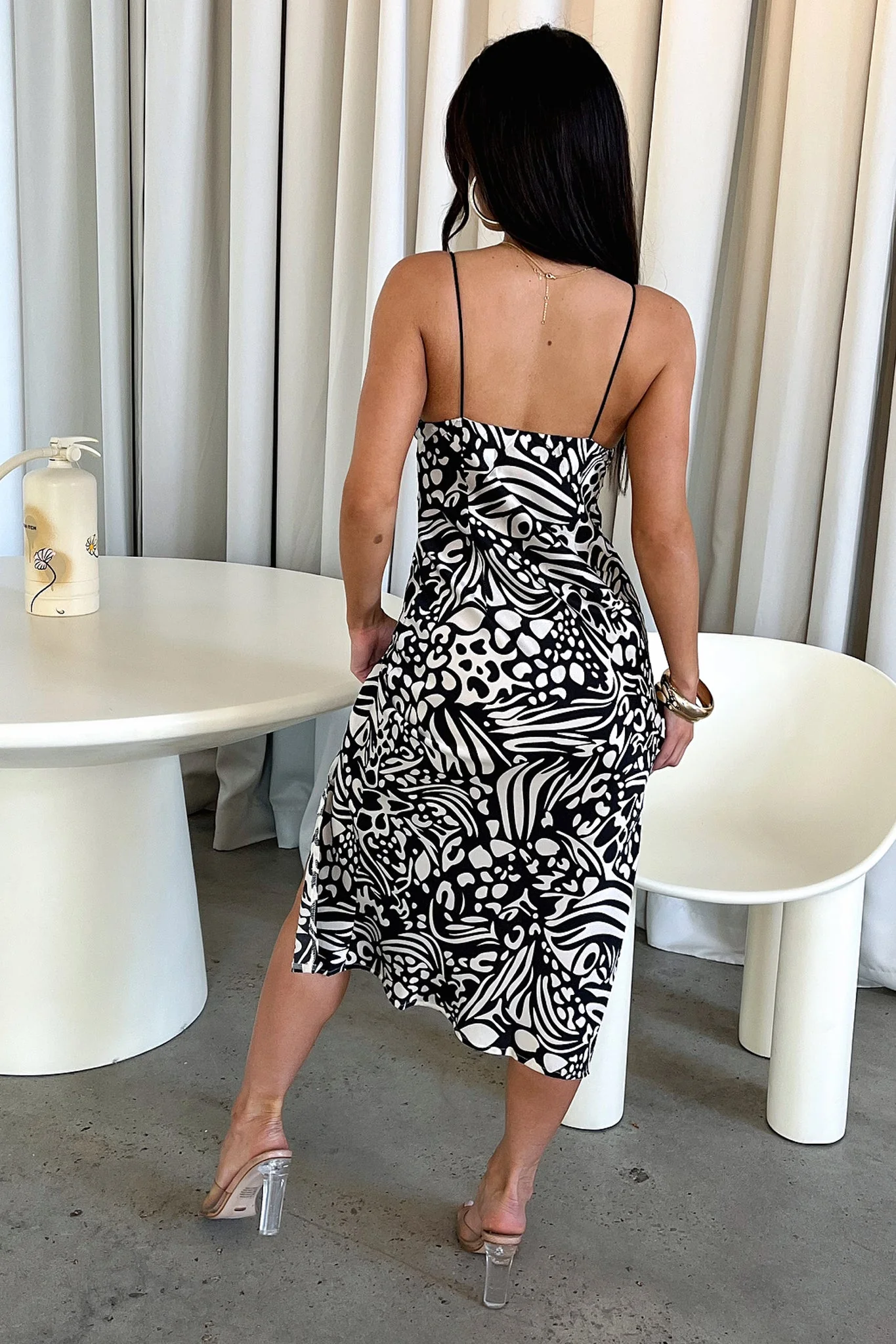 Jennifer Satin Midi Dress - Black/White Print - XNAUWBI
