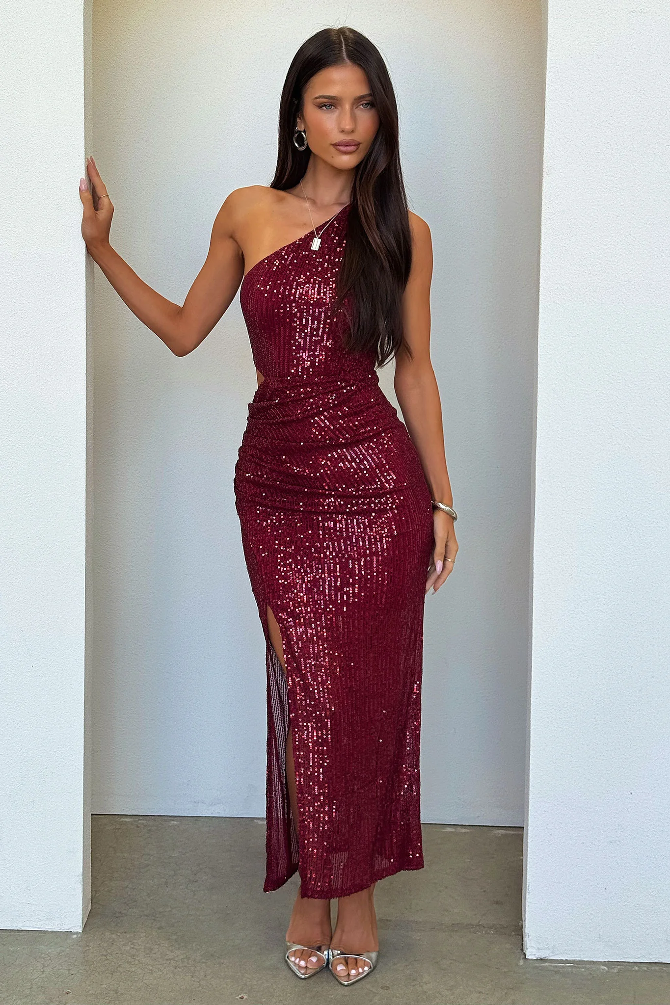 Dura One Shoulder Sequin Midi Dress - Burgundy - XNAUWBI