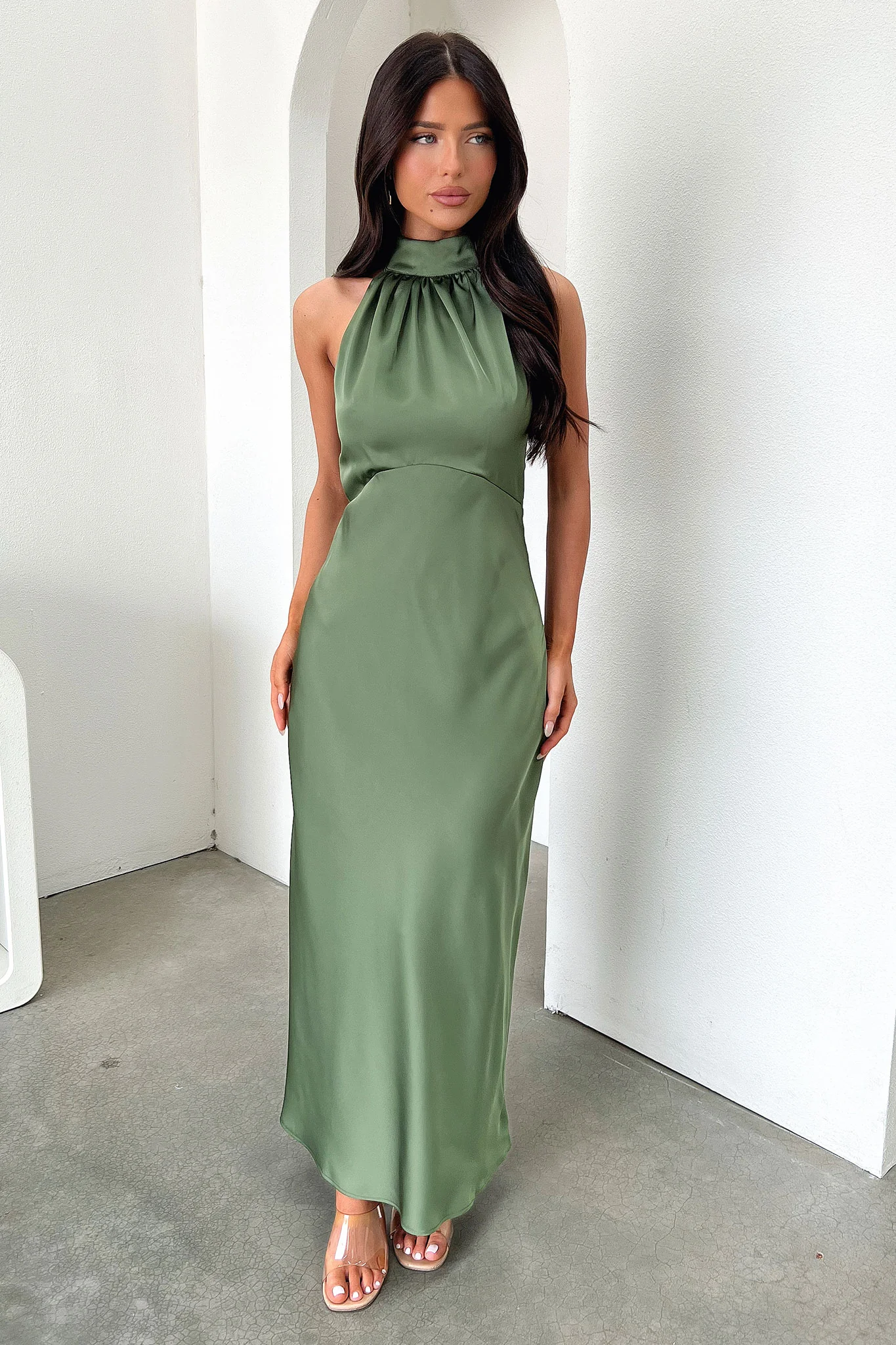 Daphne High Neck Maxi Dress - Olive - XNAUWBI
