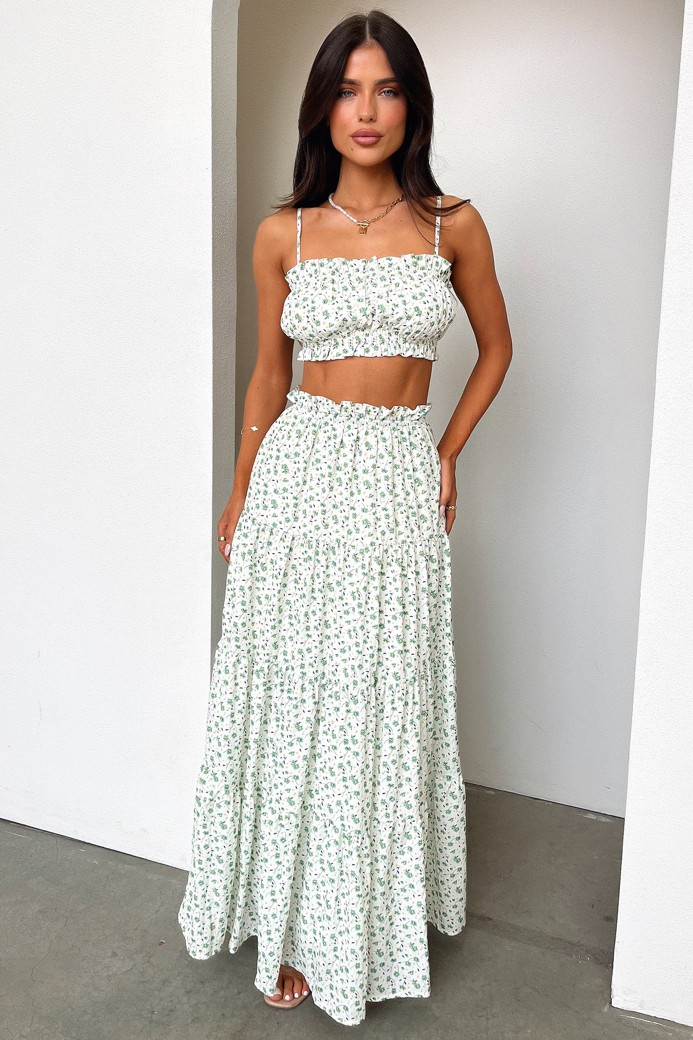 Selina Tiered Maxi Skirt - Green Floral - XNAUWBI