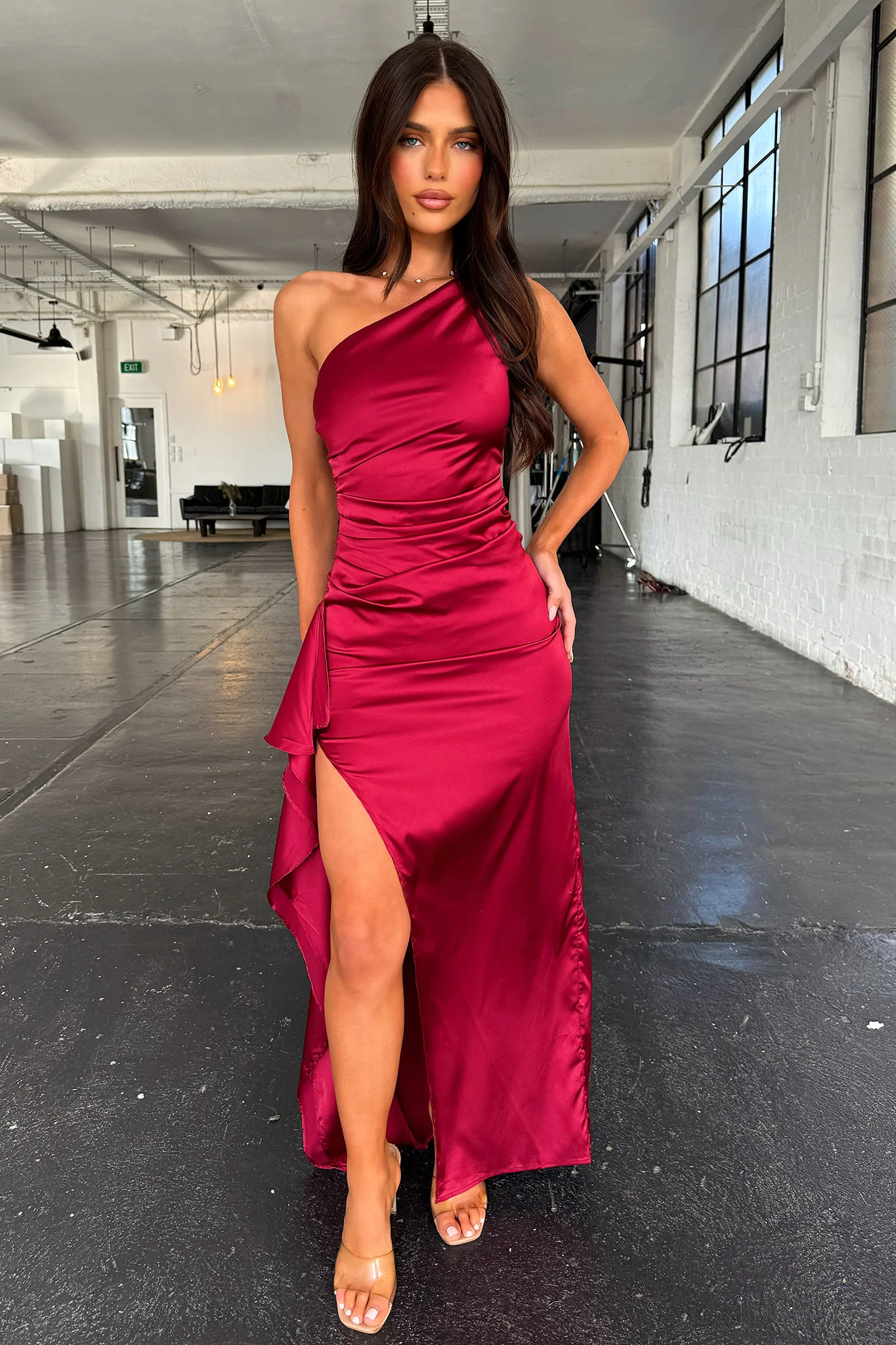Elianna One Shoulder Satin Maxi Dress - Burgundy - XNAUWBI