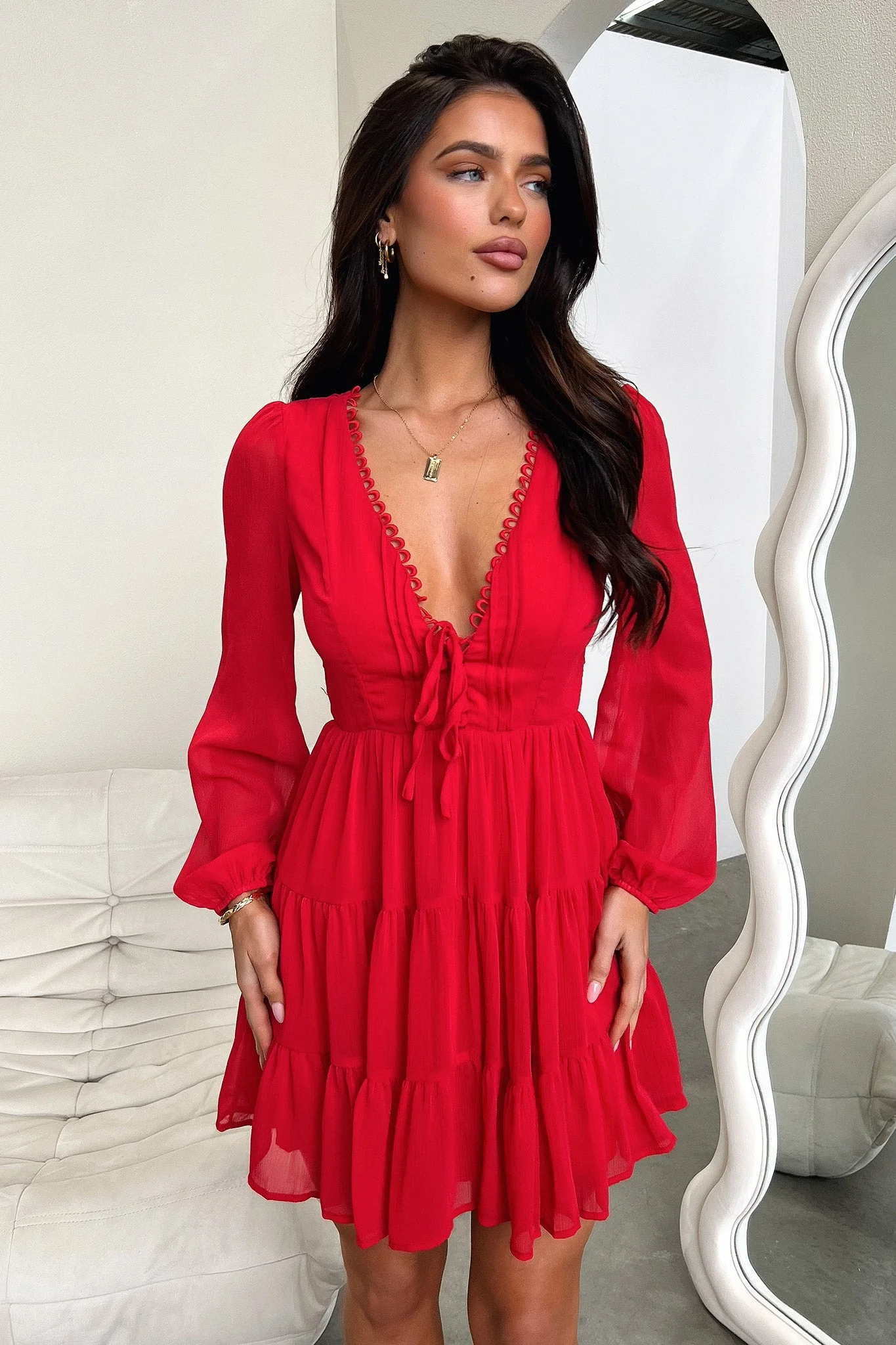 Lexie Long Sleeve Dress - Red - XNAUWBI