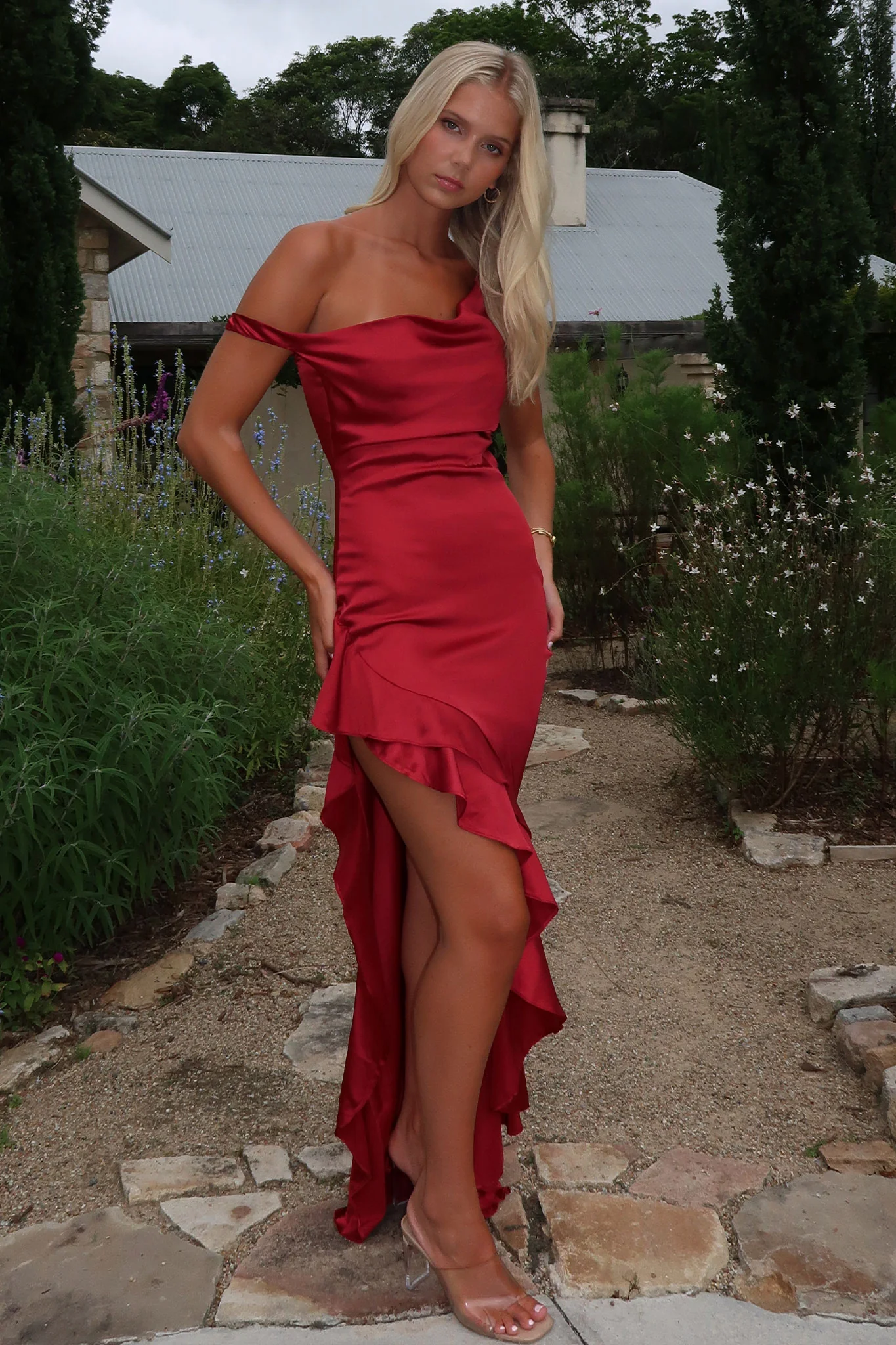 Daenerys Off Shoulder Satin Maxi Dress - Burgundy - XNAUWBI