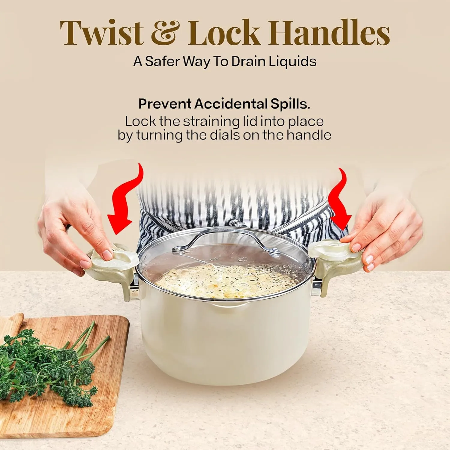 Ceramic soup pot with strainer lid and rotating locking handle - XBQDD