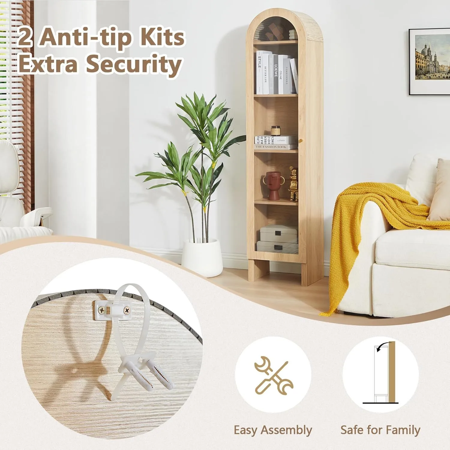 5-Tier Arched Cabinet Bookcase with Adjustable Shelves - XBQDD