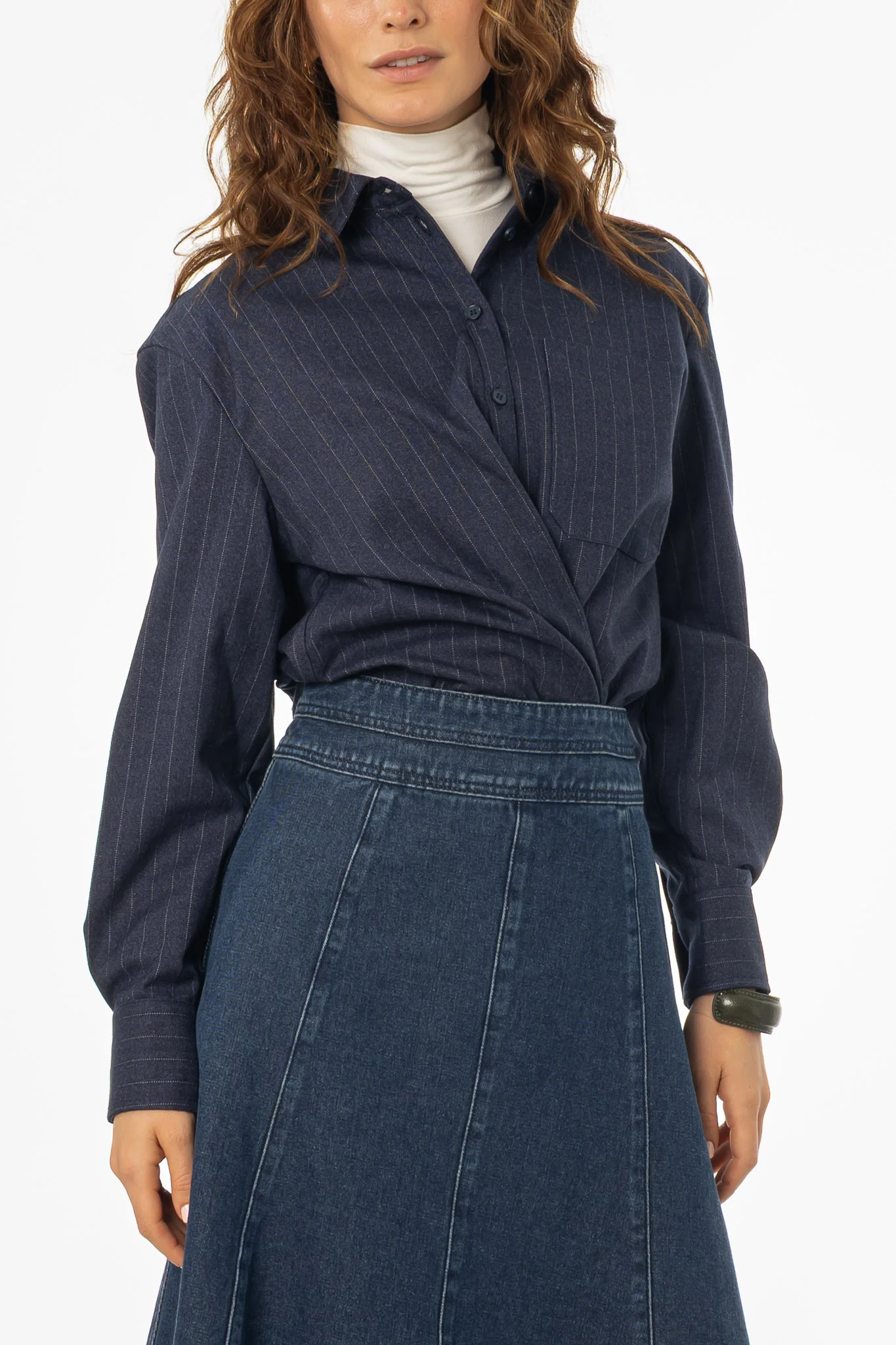 Navy Pinstripe Blouse - KJDHW