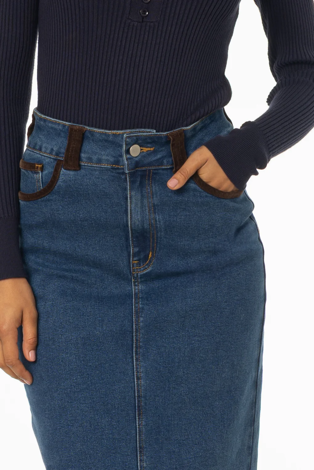 Blue Corduroy Detail Denim Skirt - KJDHW