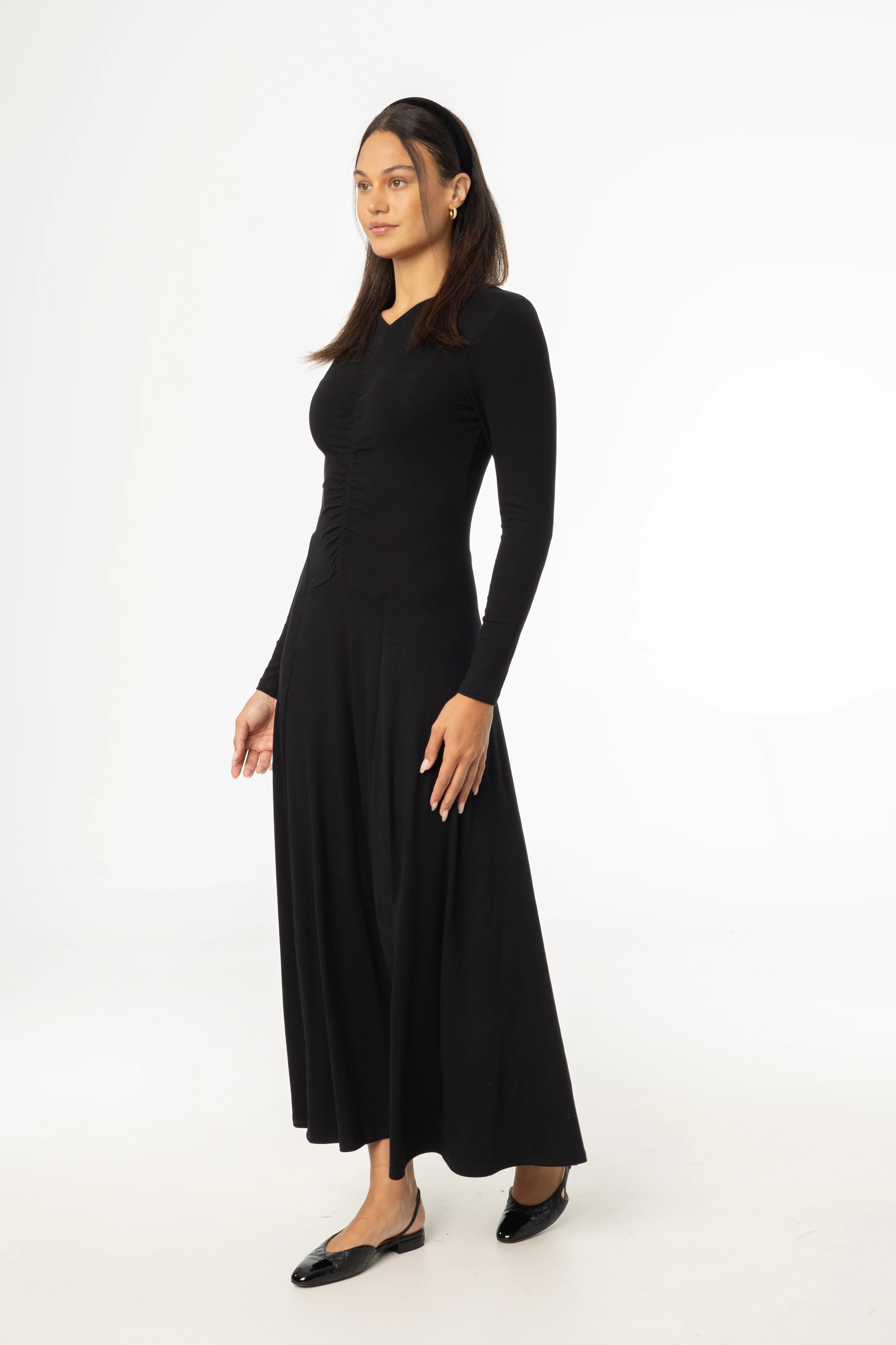 Black Front Ruched Maxi Dress - KJDHW