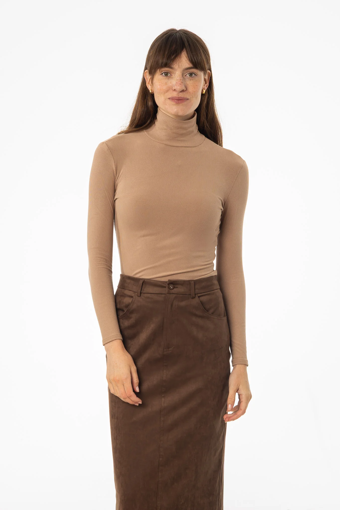 Light Brown Ribbed Turtleneck Top - KJDHW