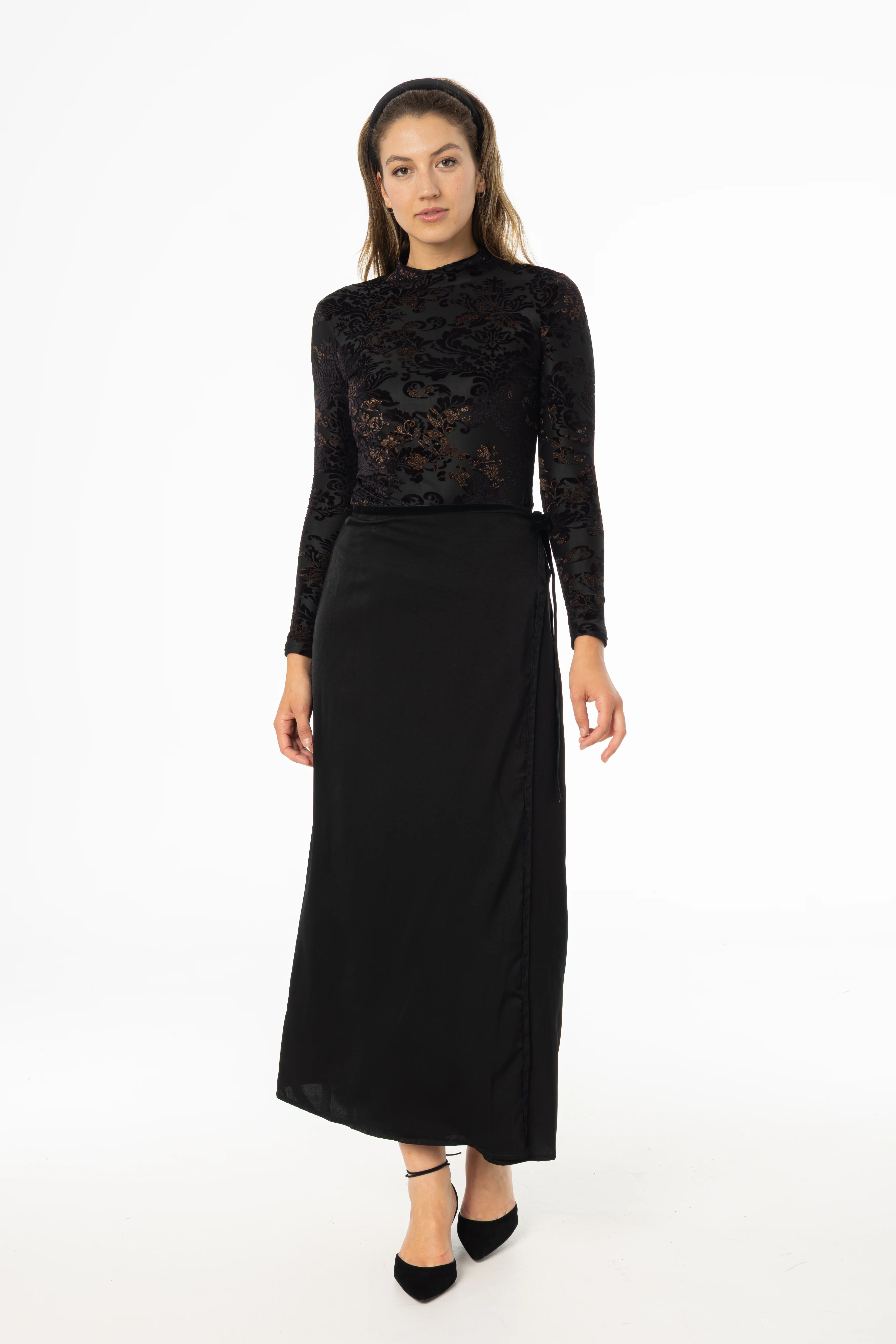 Black Velour Trim Wrap Skirt - KJDHW