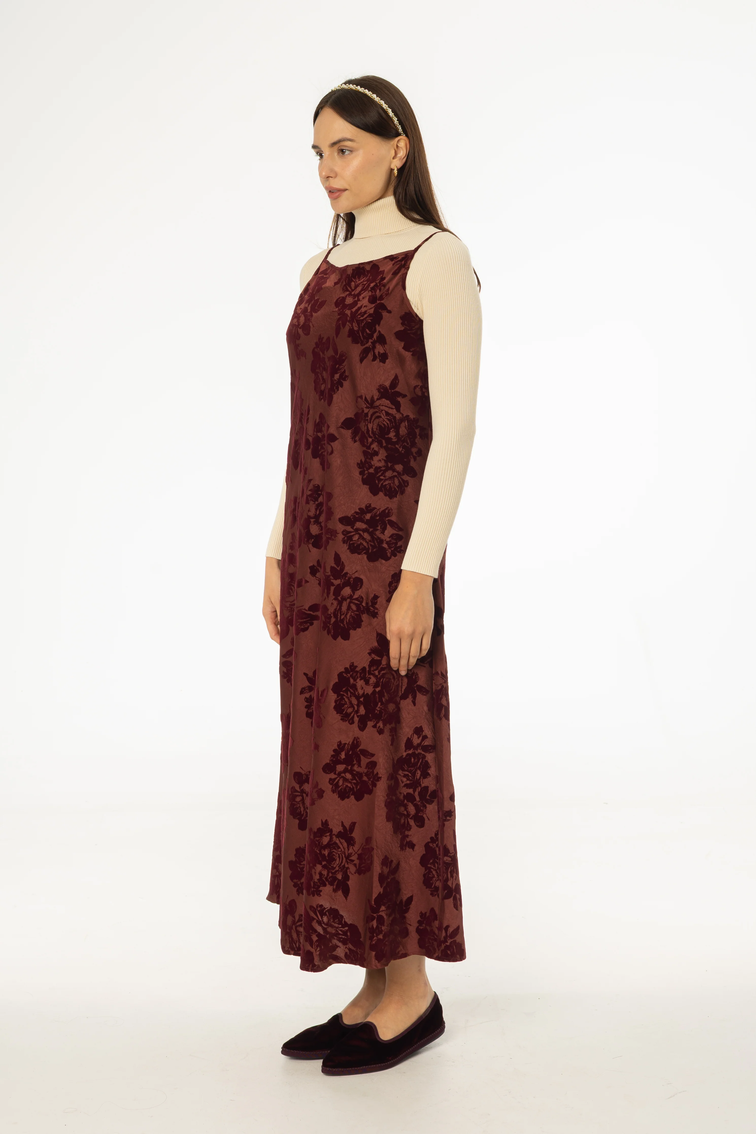 Burgundy Flower Print Velvet Slip Jumper - KJDHW