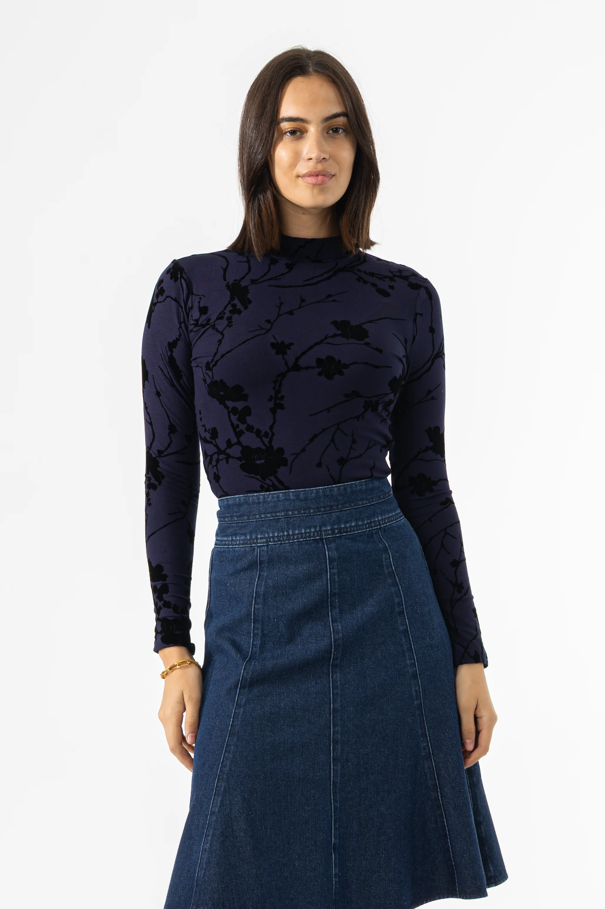Navy Velvet Detail Mock Neck Top - KJDHW