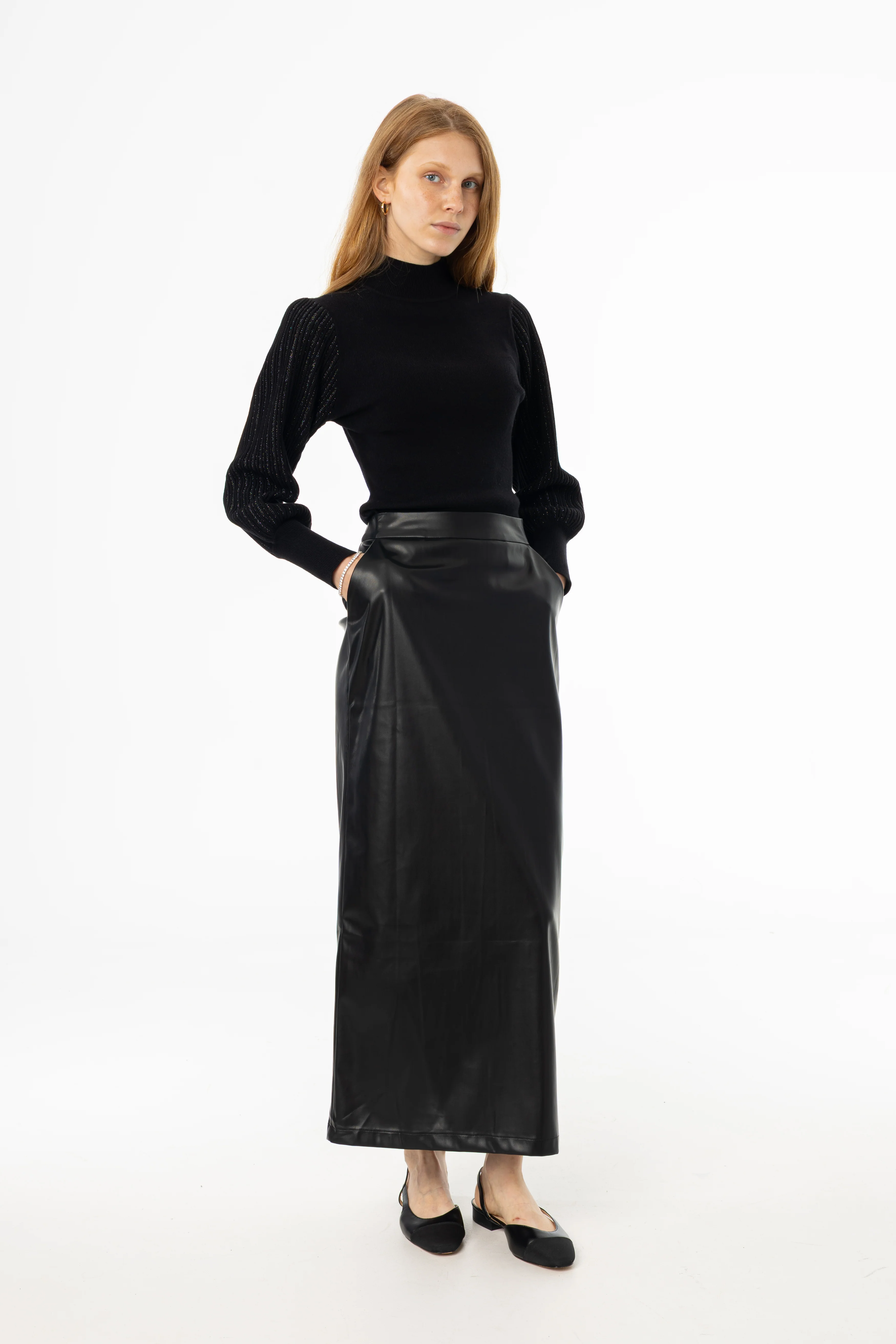 Black Straight Vegan Leather Skirt - KJDHW