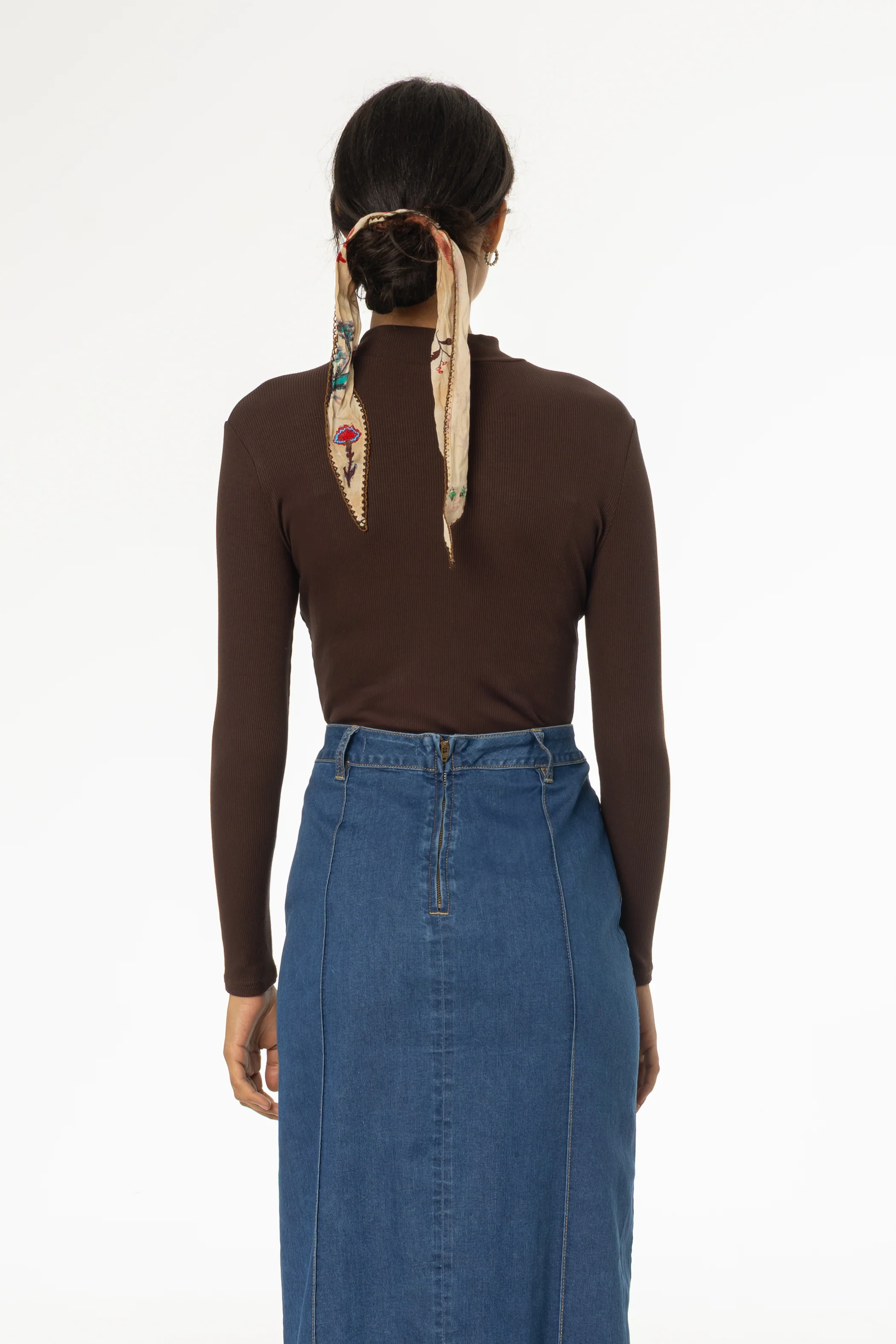 Brown Ribbed Mock Neck Top - KJDHW