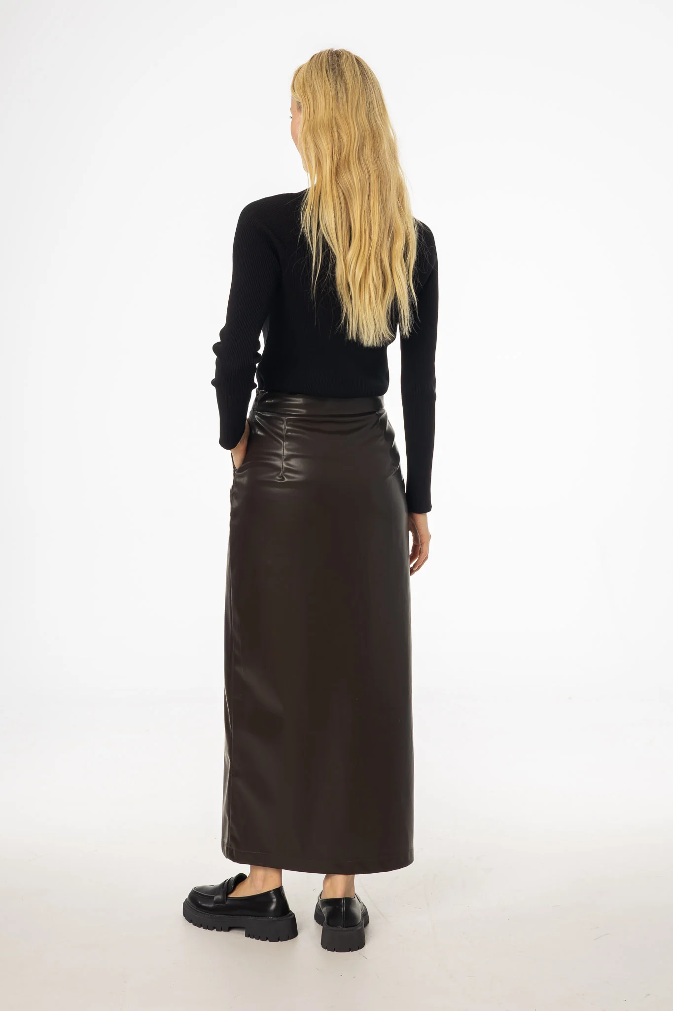 Brown Straight Vegan Leather Skirt - KJDHW
