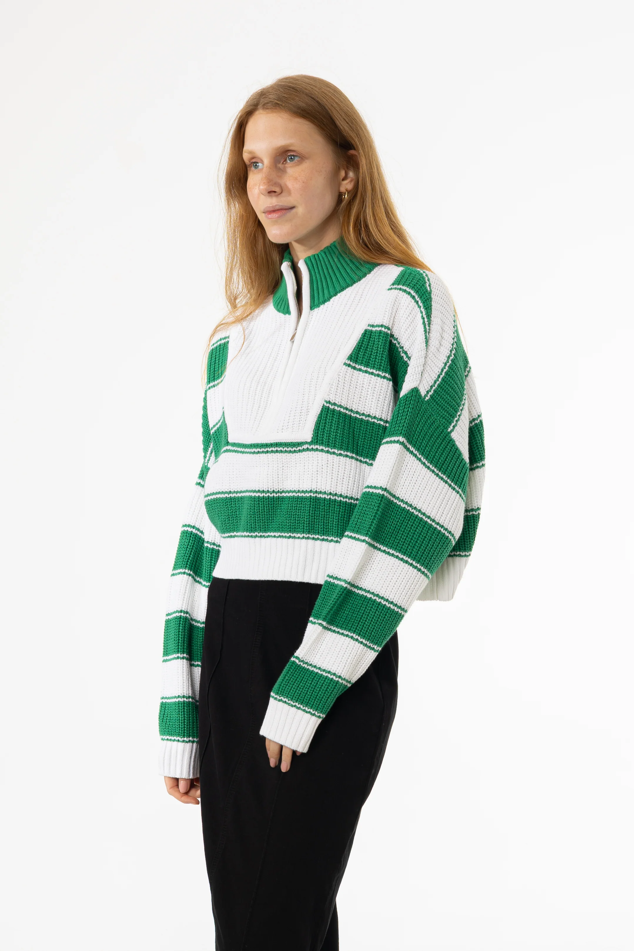 Green Striped Quarter Zip Sweater Top - KJDHW