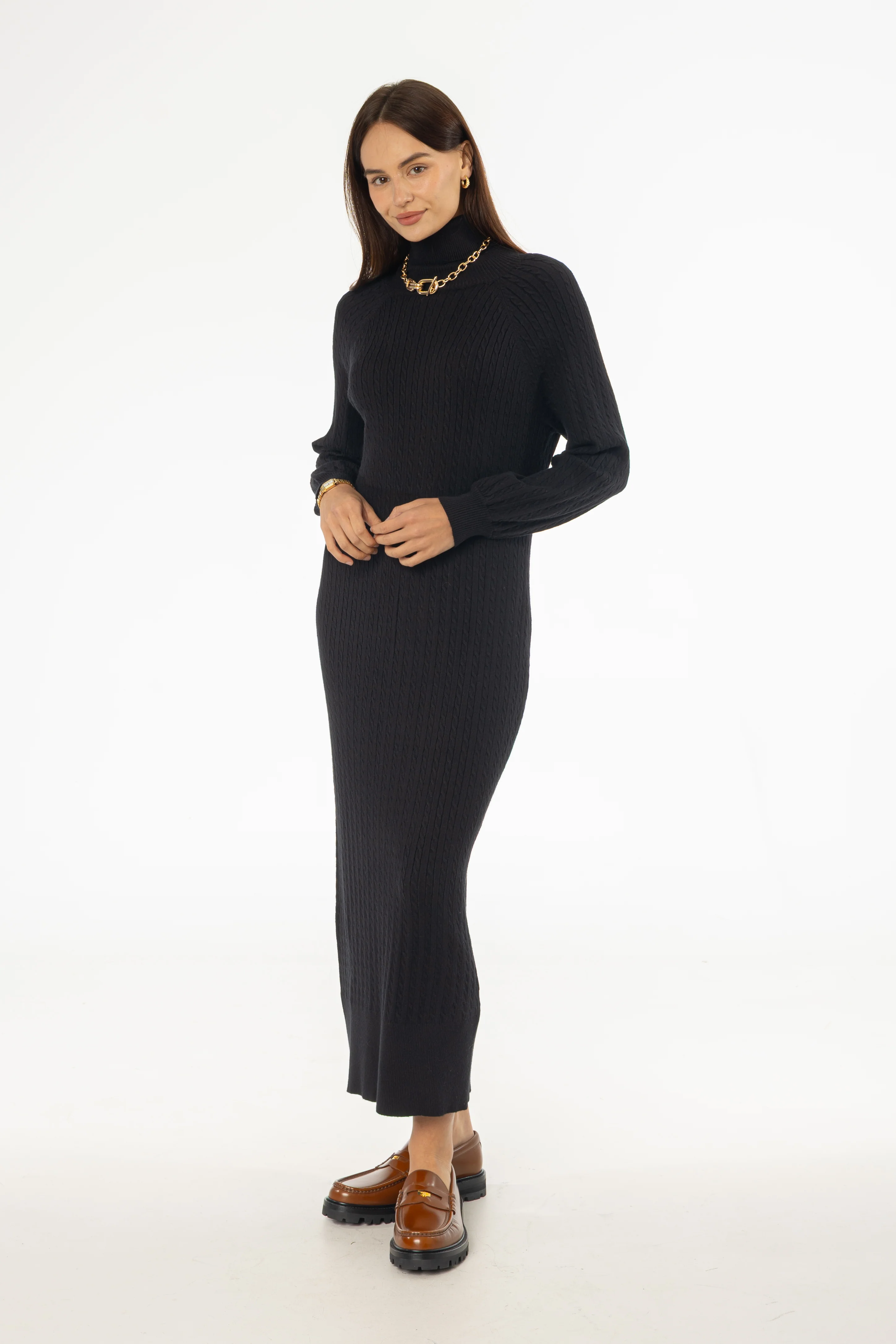 Black Turtleneck Cable Knit Maxi Dress - KJDHW