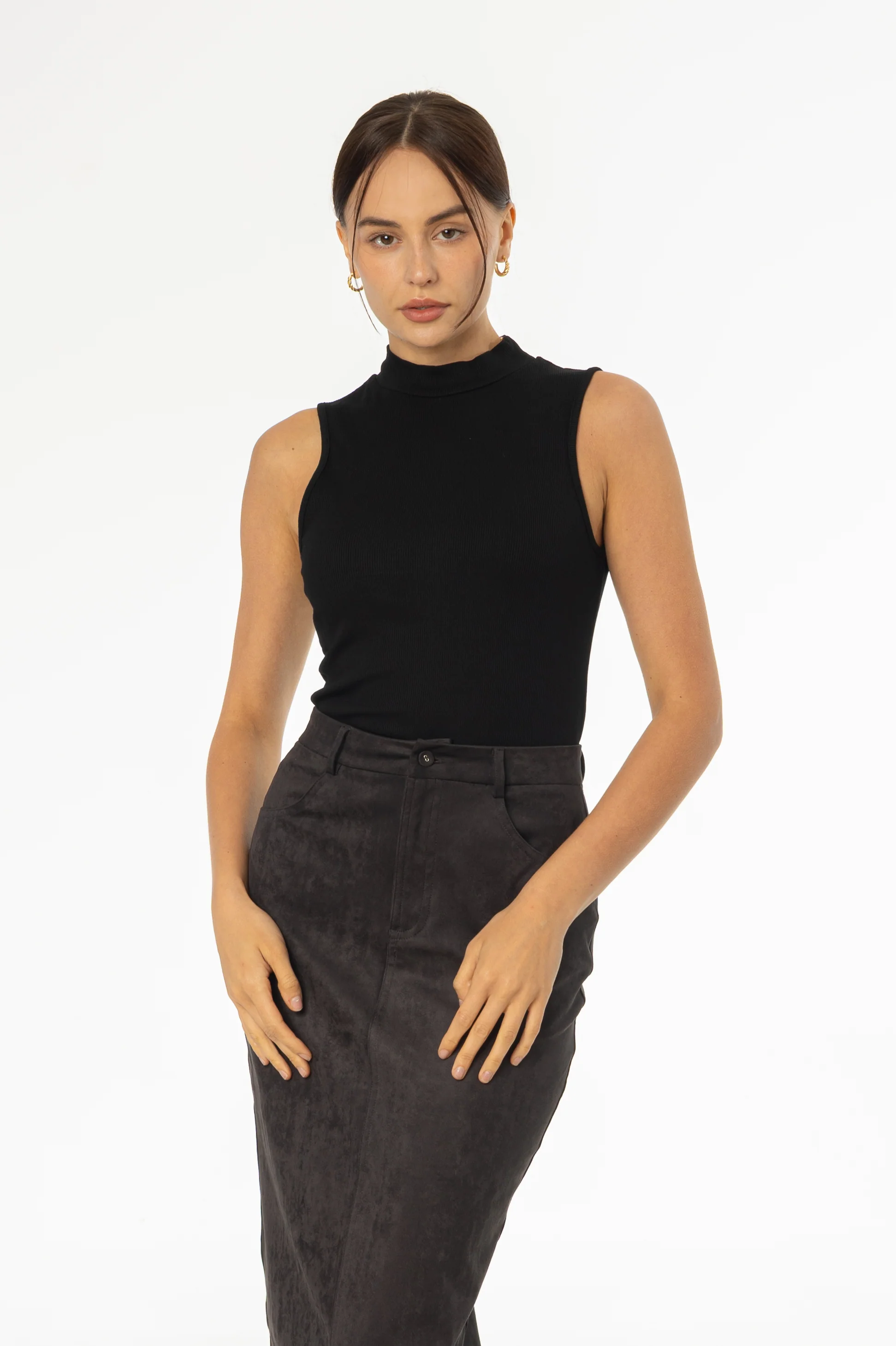 Black Ribbed Sleeveless Mock Neck Top - KJDHW