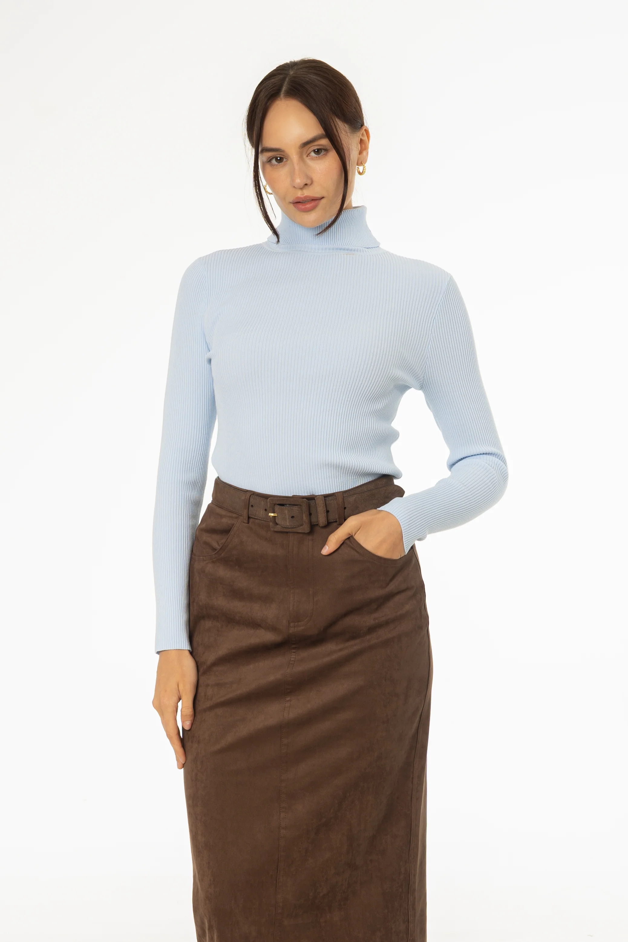 Blue Basic Ribbed Knit Turtleneck - KJDHW
