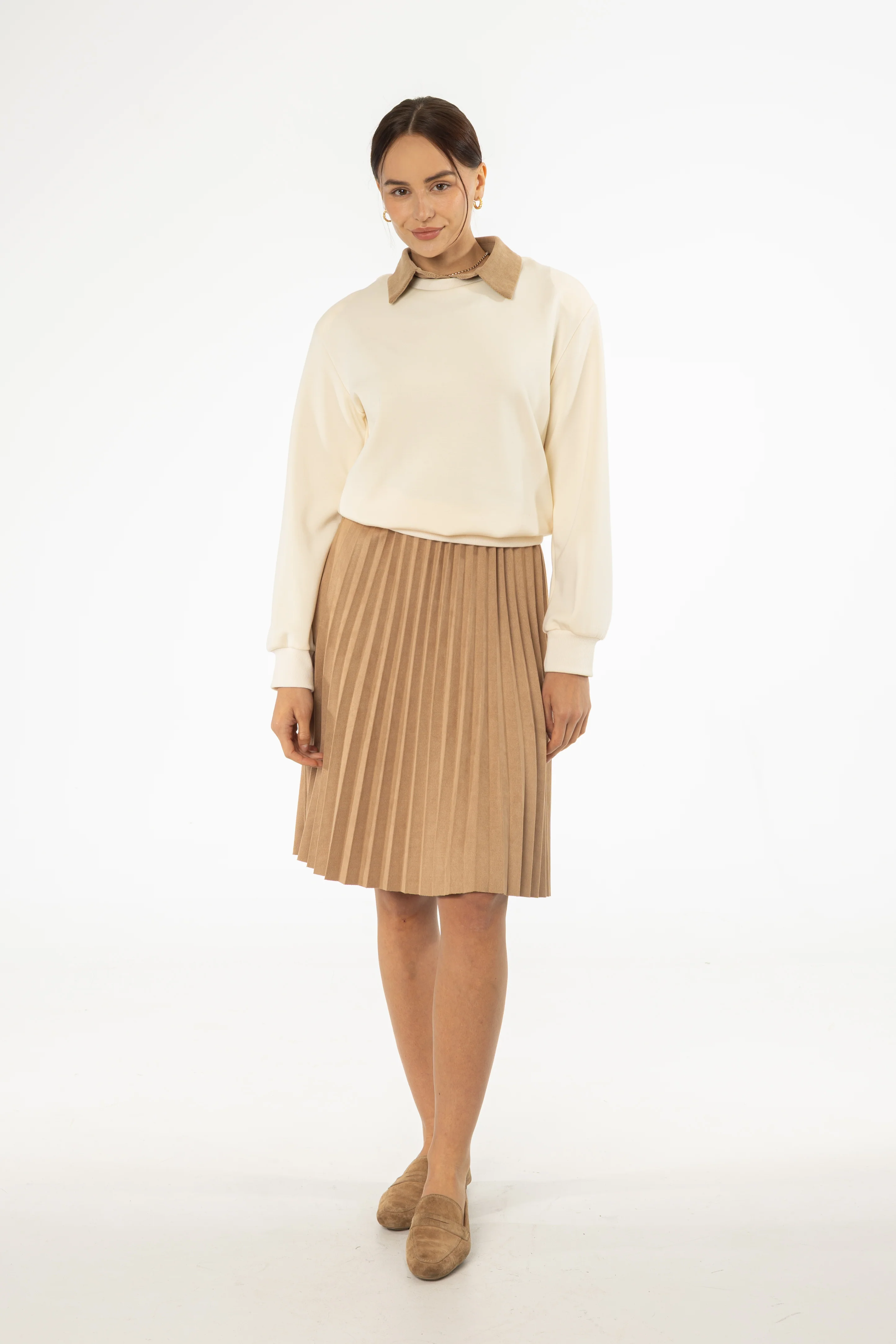 Camel Accordion Microsuede Skirt - KJDHW