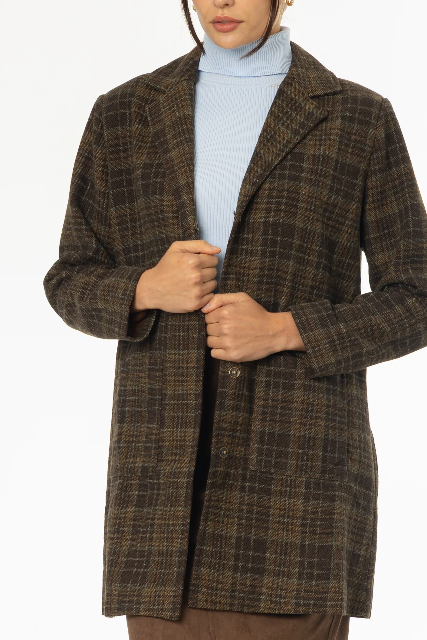 Brown Plaid Wool Coat - KJDHW