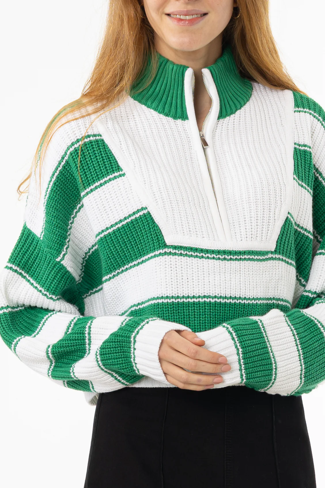 Green Striped Quarter Zip Sweater Top - KJDHW