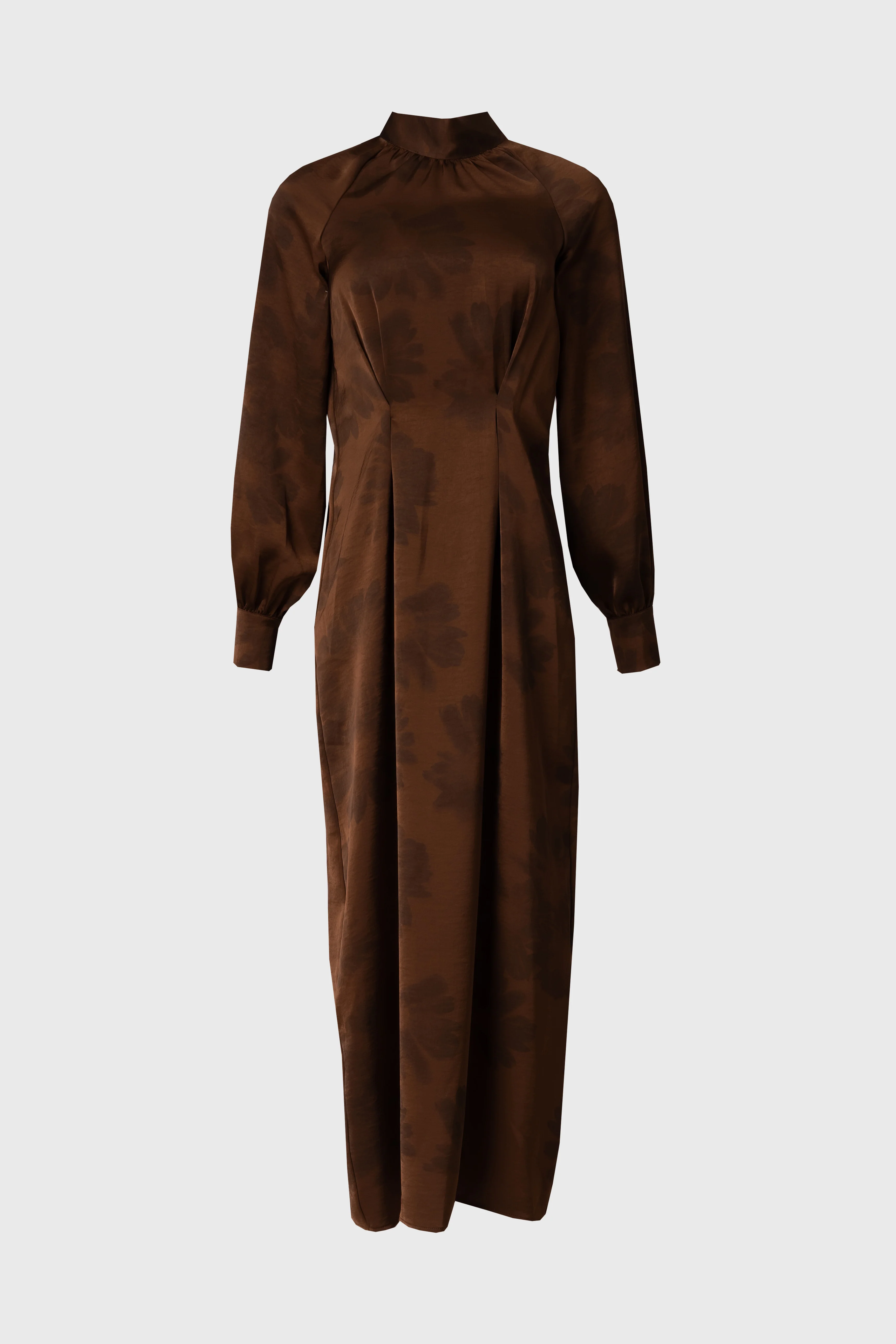 Brown Floral Printed Tie Neck Dress - KJDHW