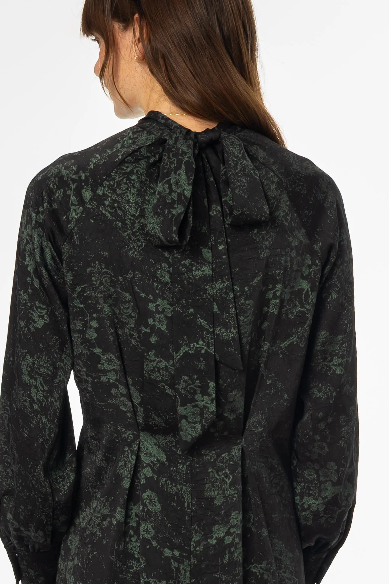 Black & Green Printed Tie Neck Dress - KJDHW