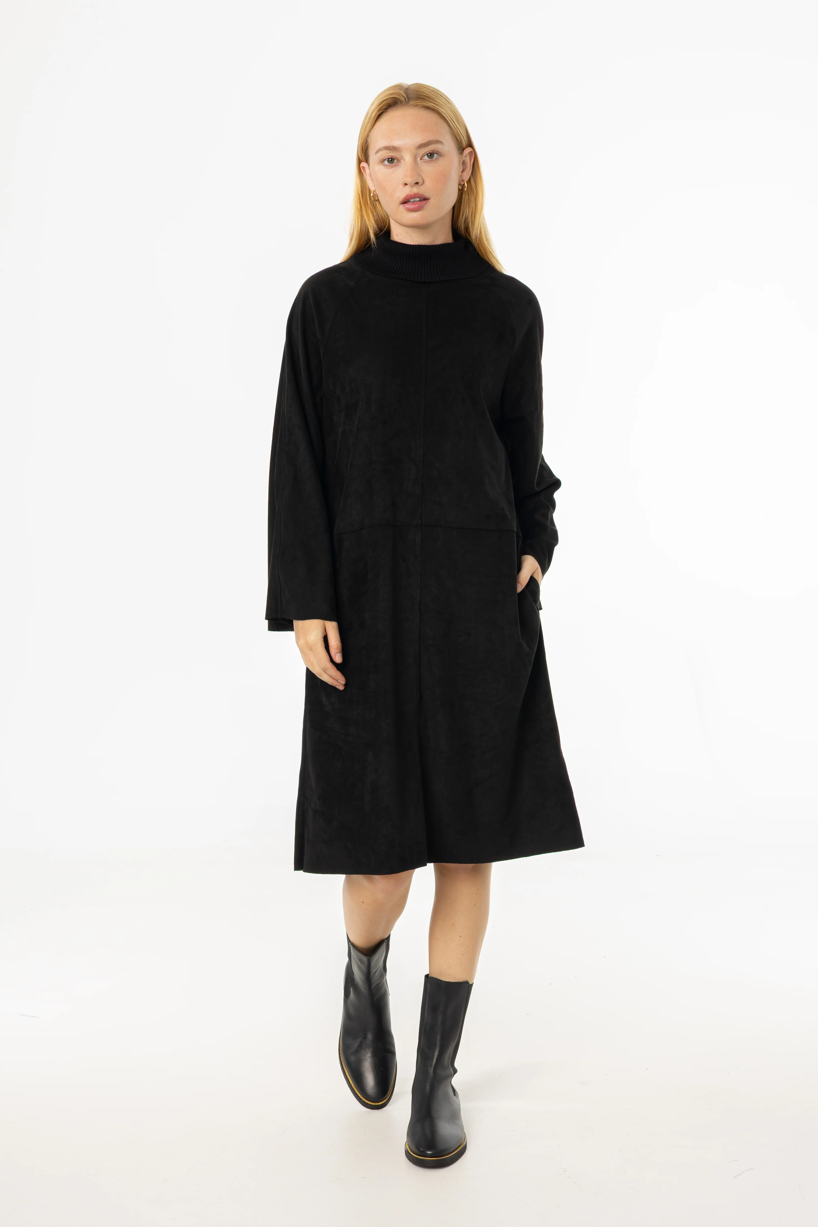 Black Ribbed Turtleneck Microsuede Dress - KJDHW
