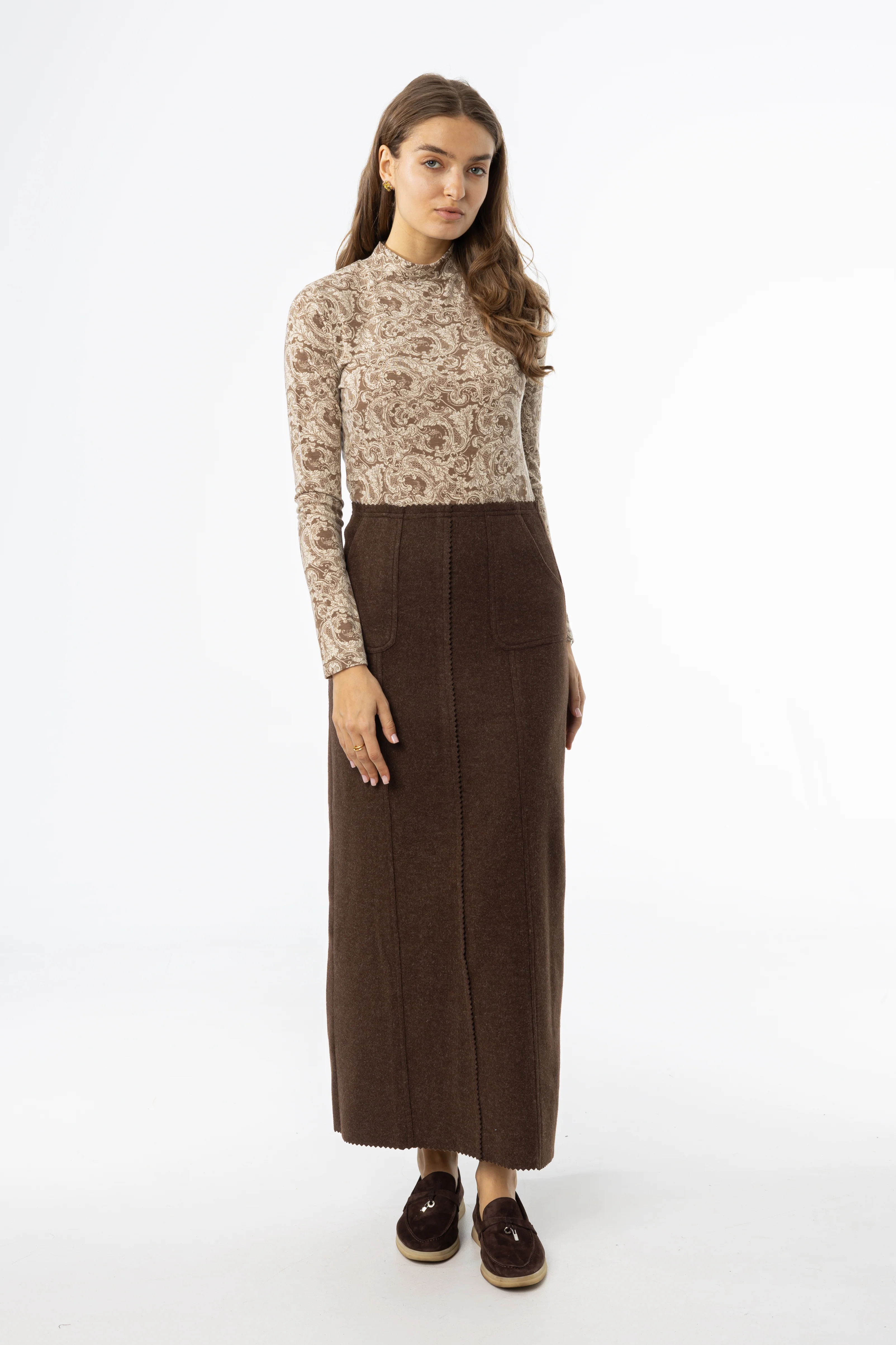 Brown Scalloped Edge Maxi Skirt - KJDHW