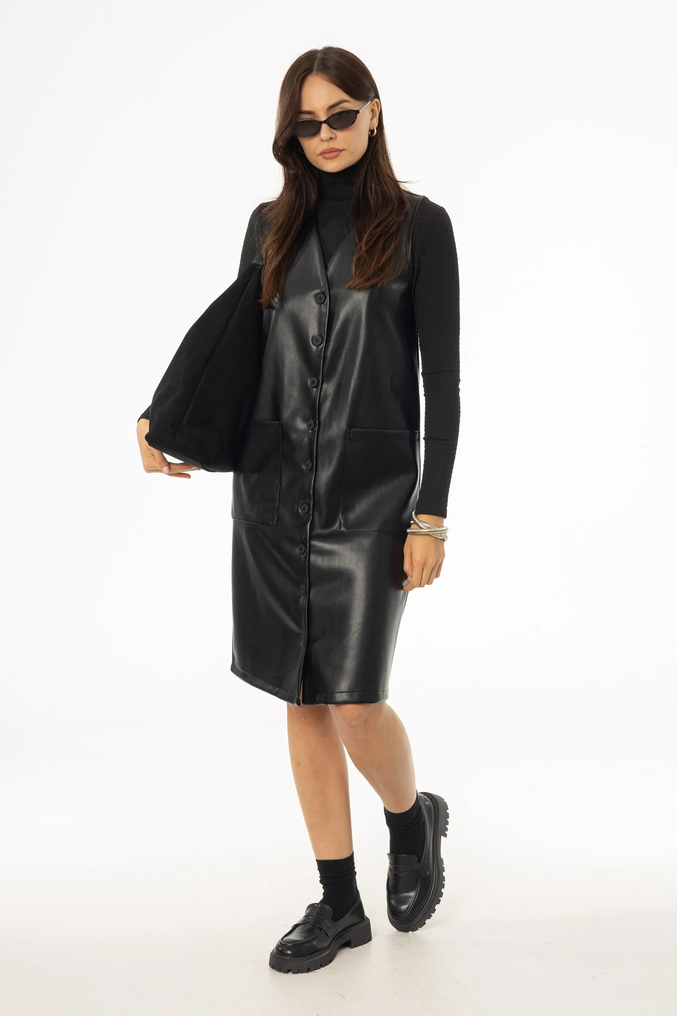 Black Vegan Leather Vest Dress - KJDHW