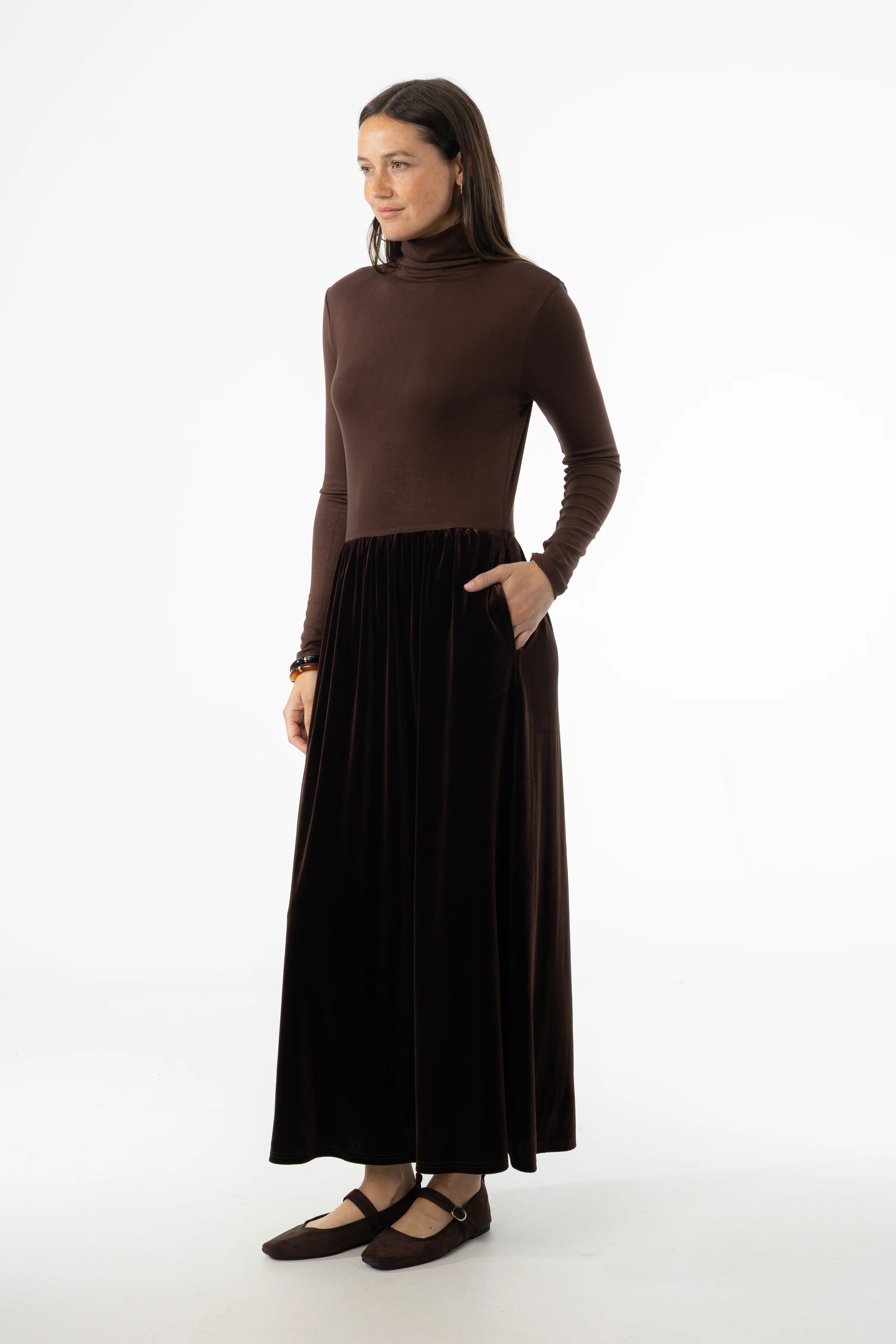 Brown Combo Velour Mock Neck Dress - KJDHW