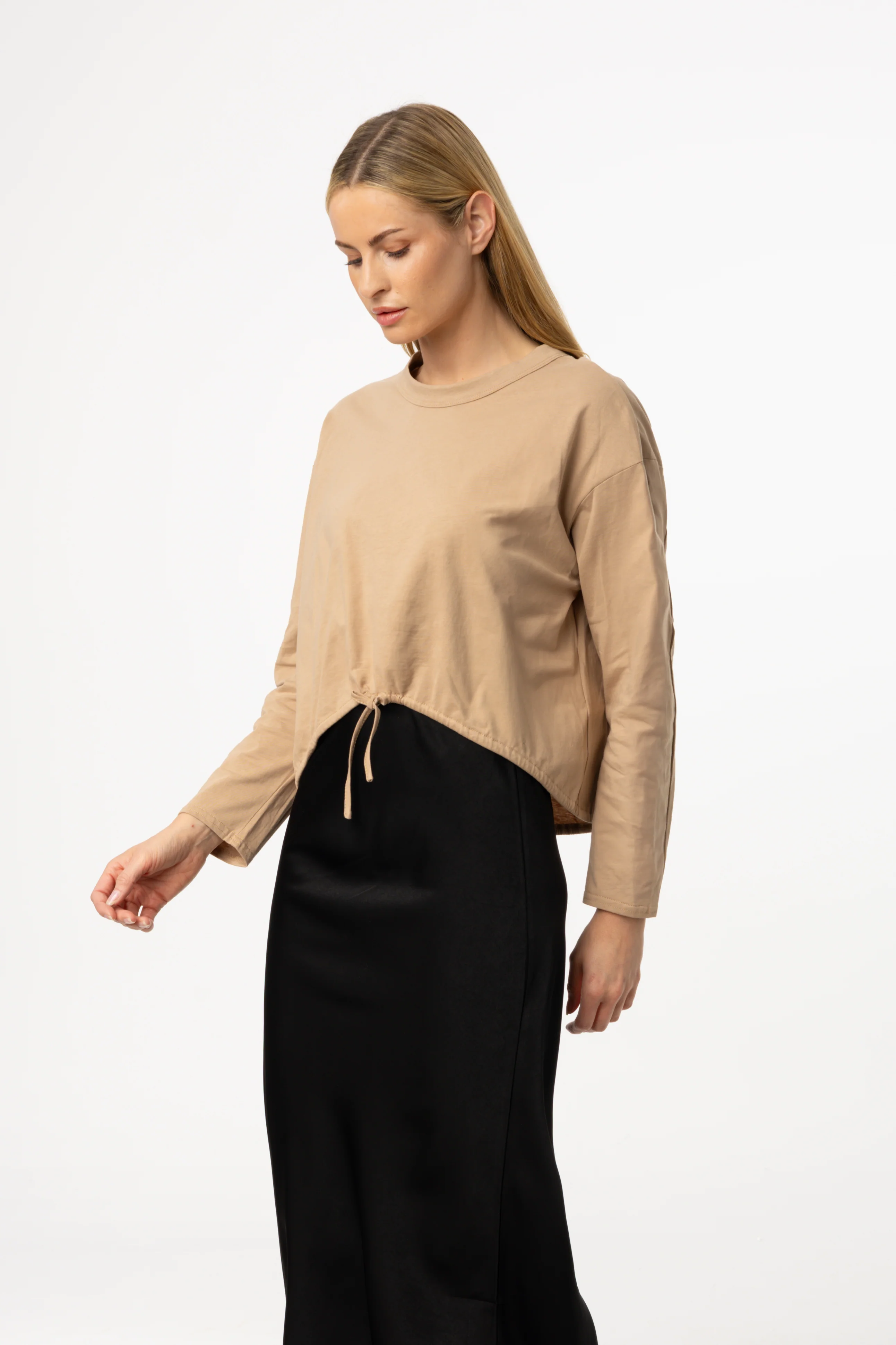 Tan High Low Drawstring Tee - KJDHW