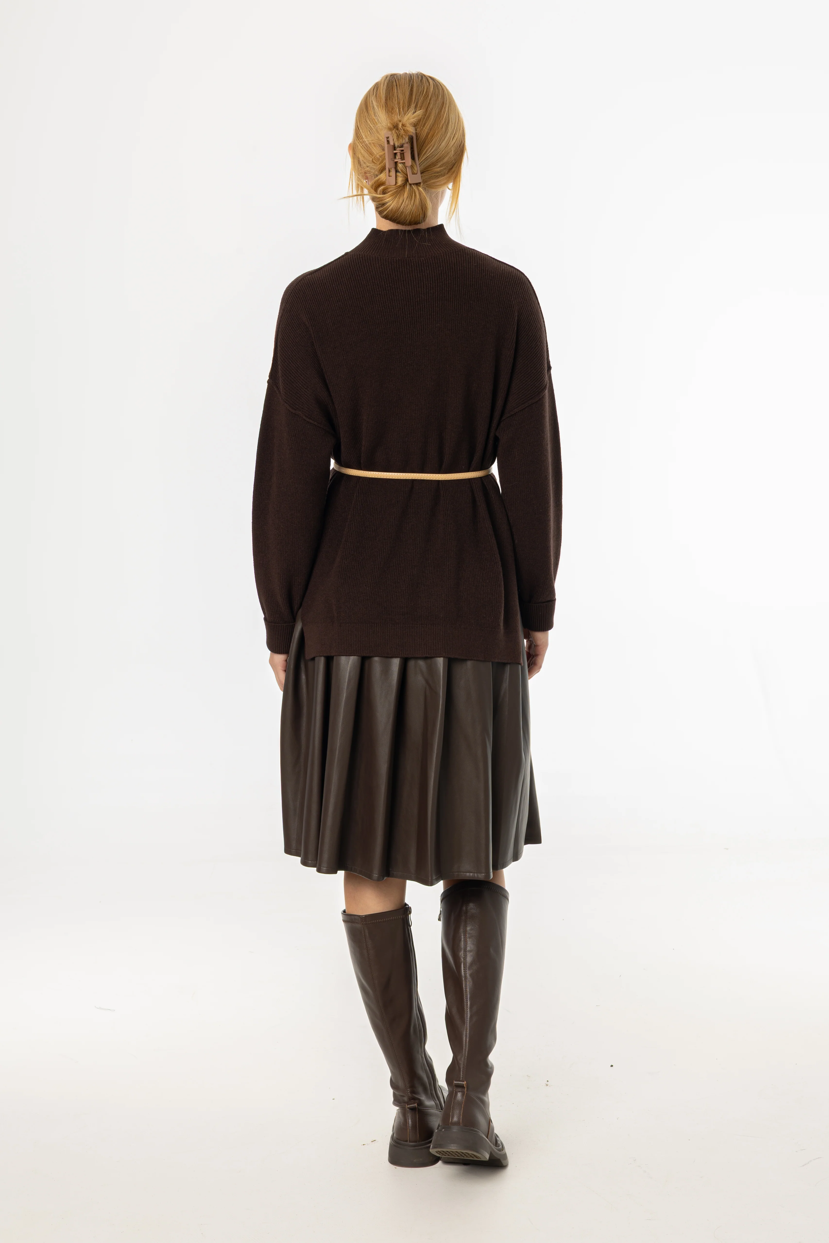 Brown Pleated Vegan Leather Skirt - KJDHW
