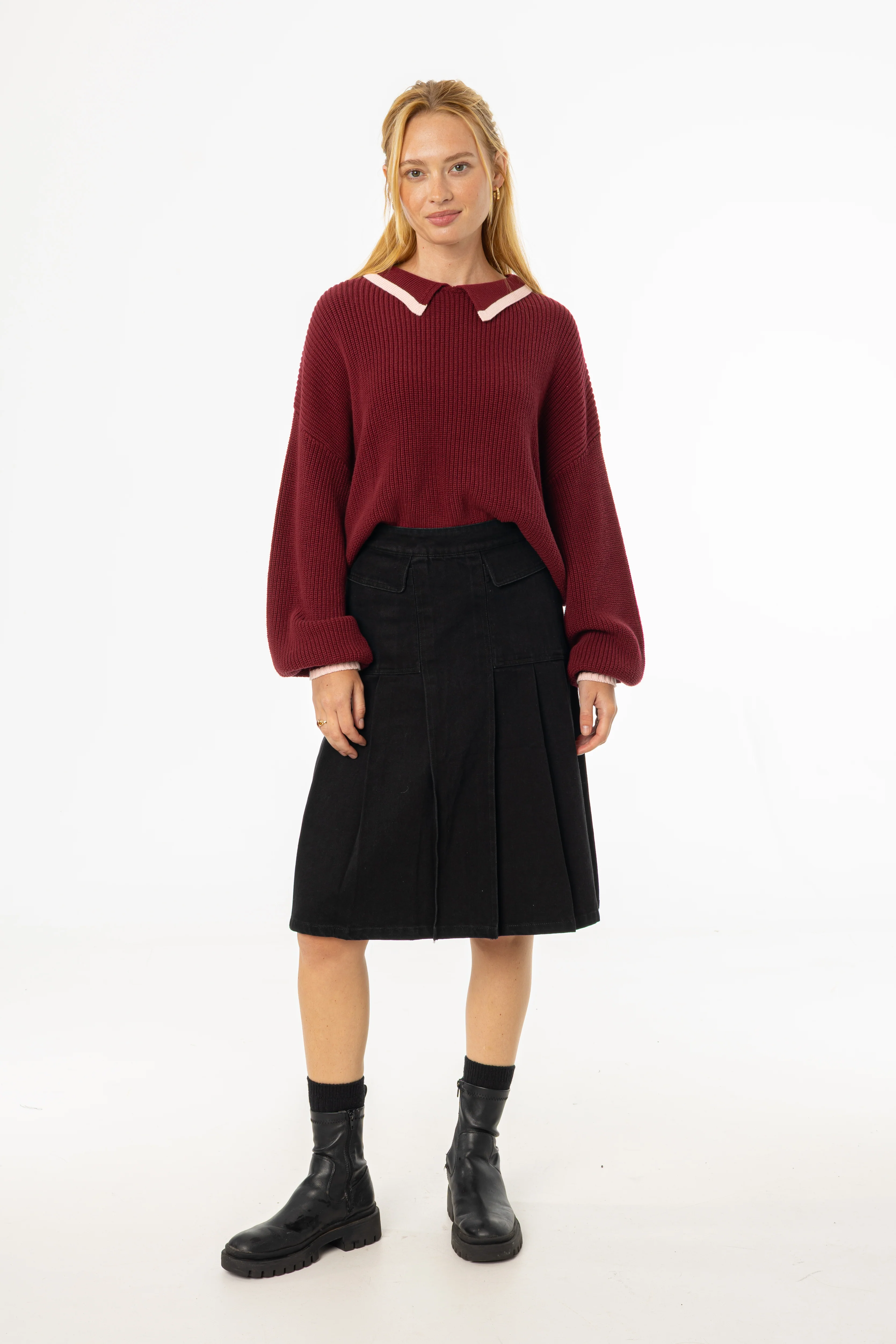 Black Half Pleat Cargo Denim Skirt - KJDHW