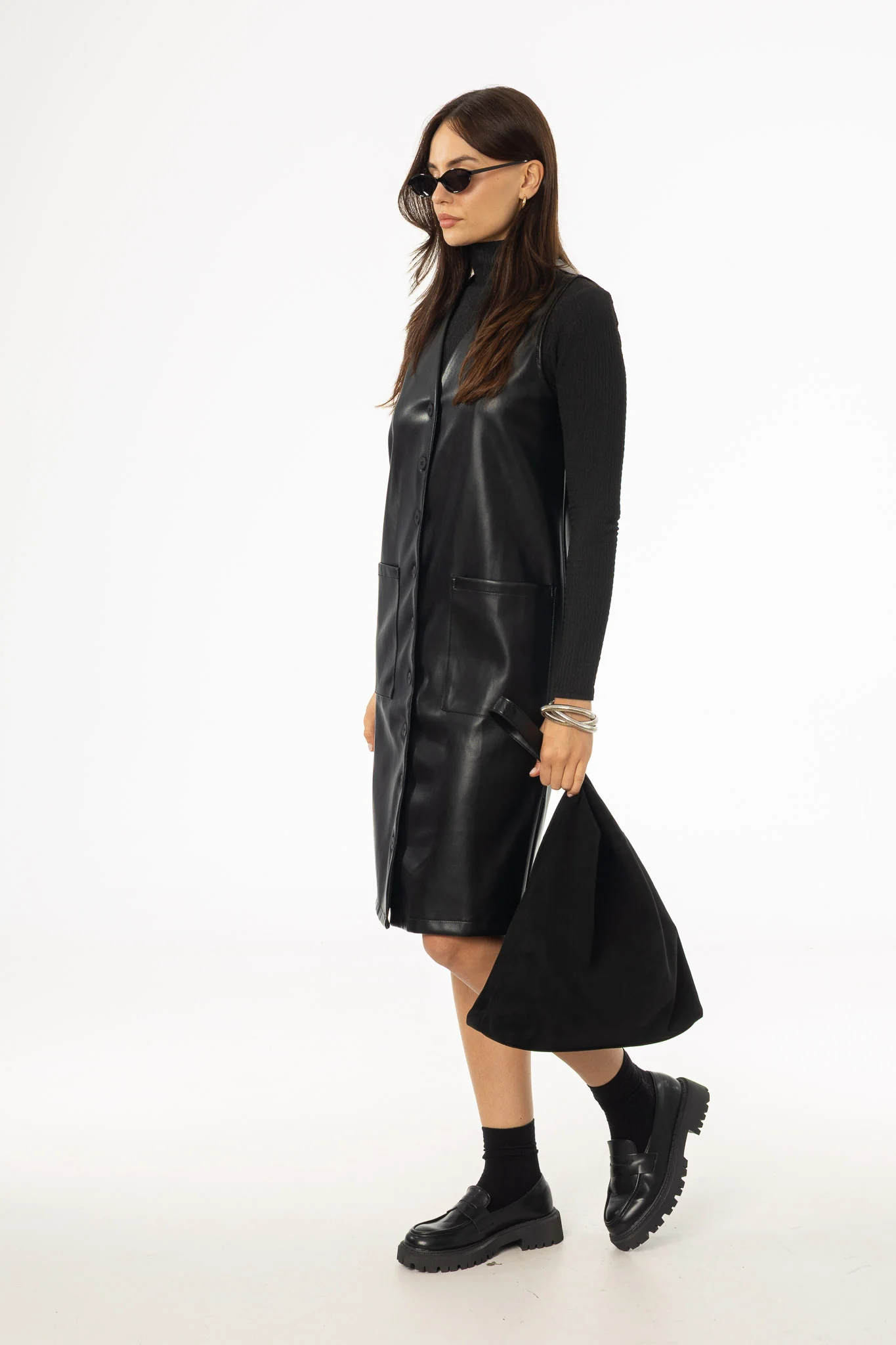 Black Vegan Leather Vest Dress - KJDHW
