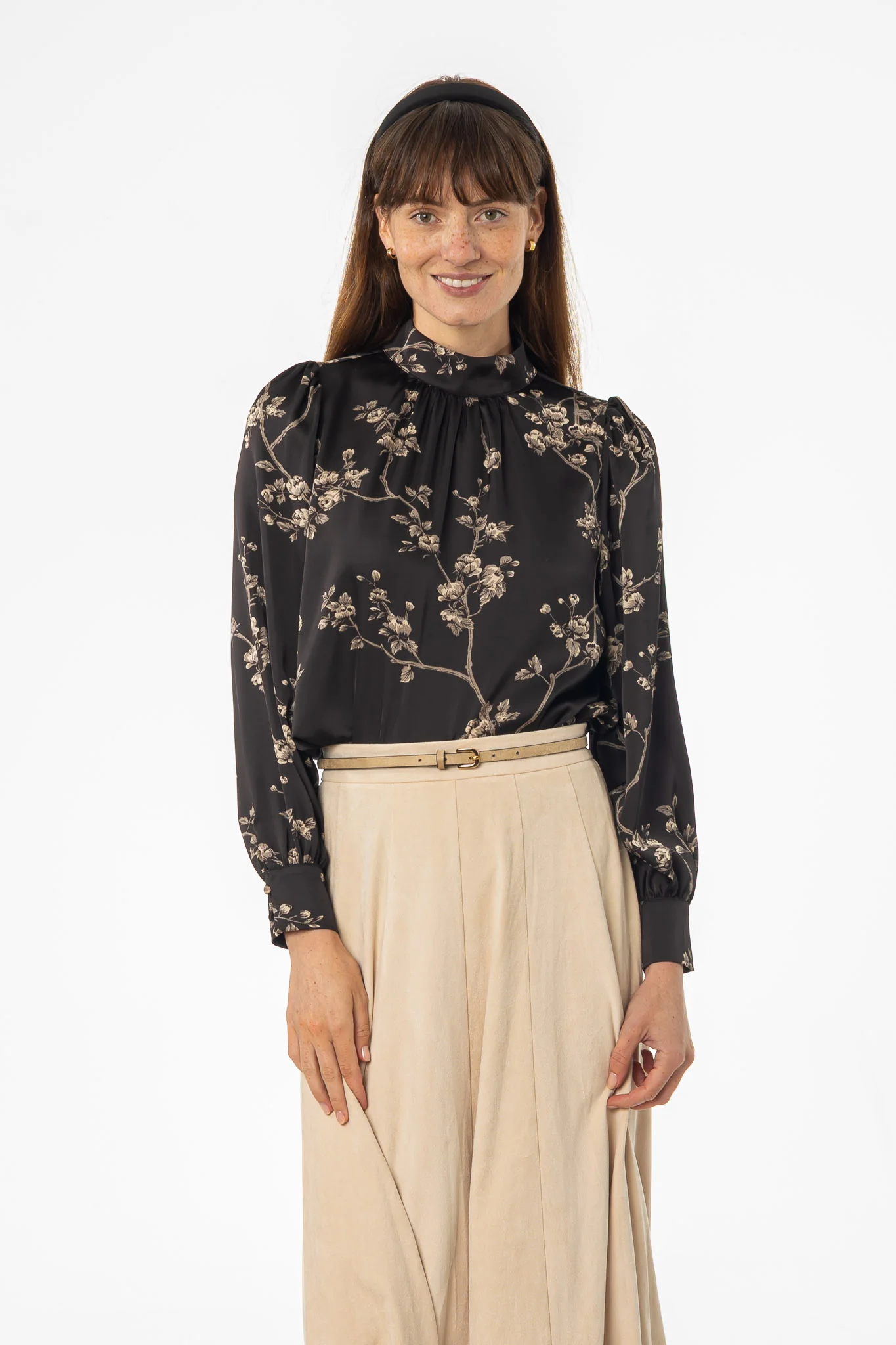 Black & Beige Mock Neck Blouse - KJDHW
