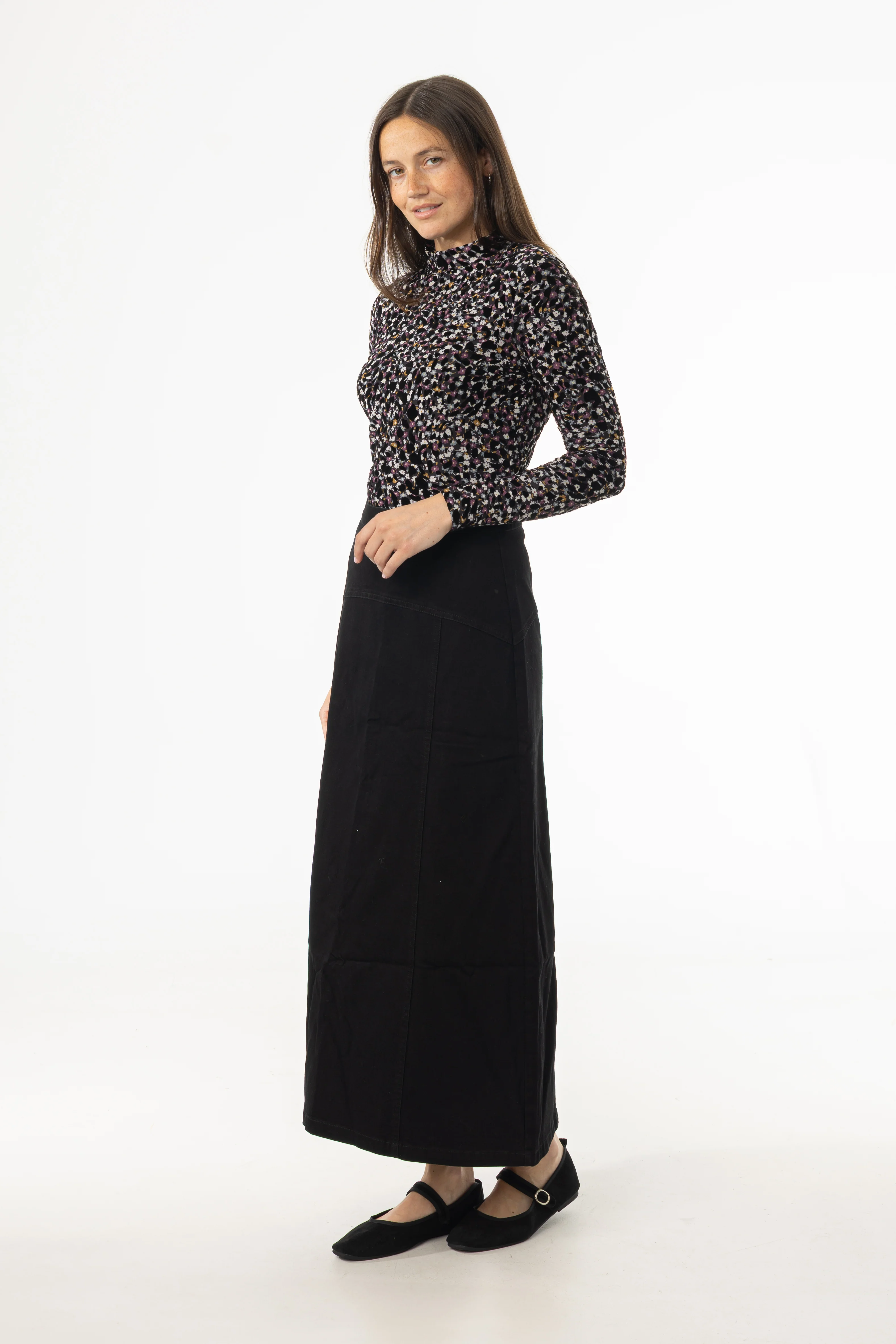 Black Yoke Seam Denim Skirt - KJDHW