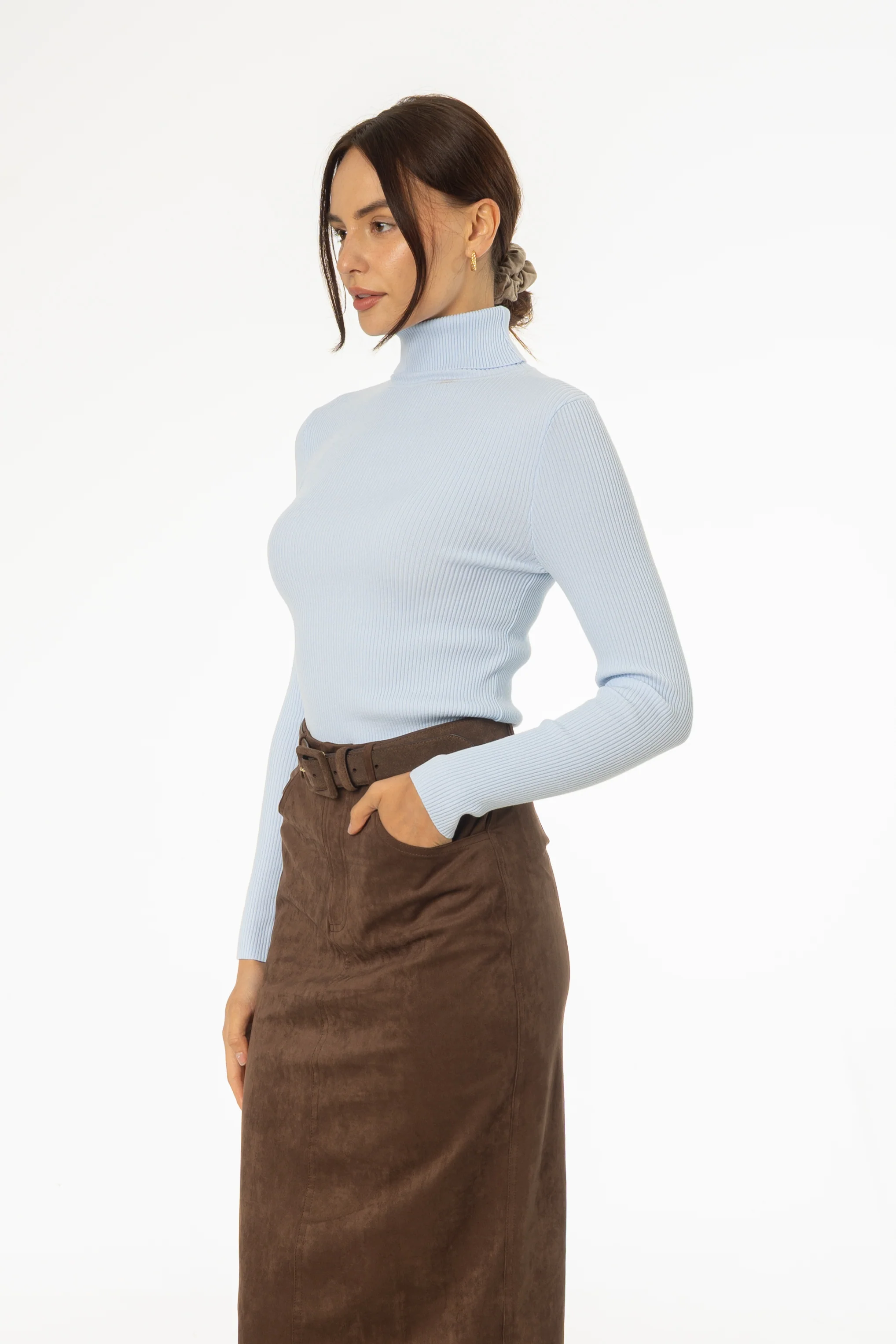 Blue Basic Ribbed Knit Turtleneck - KJDHW