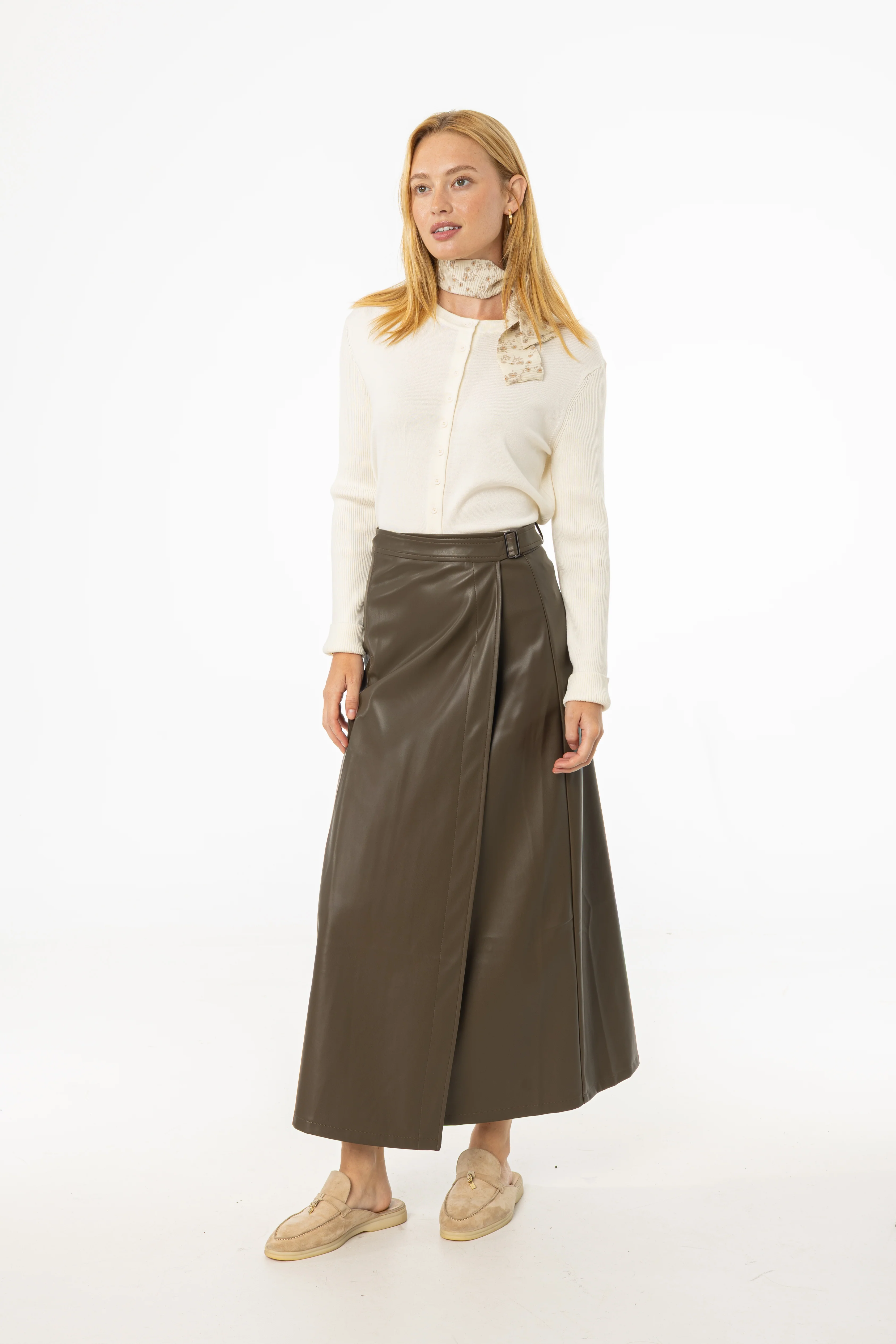 Olive Wrap Vegan Leather Maxi Skirt - KJDHW