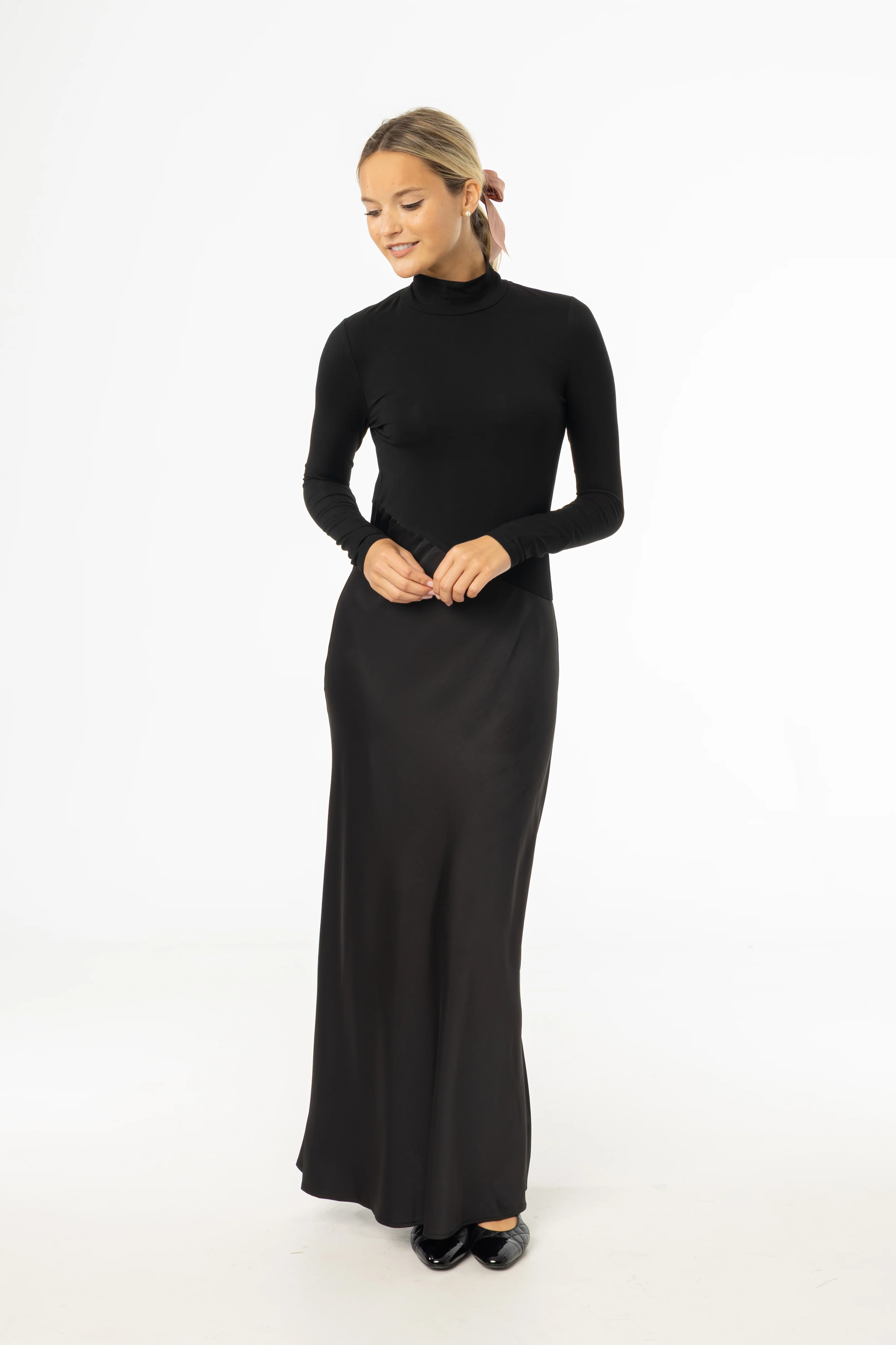 Black Combo Mock Neck Maxi Dress - KJDHW