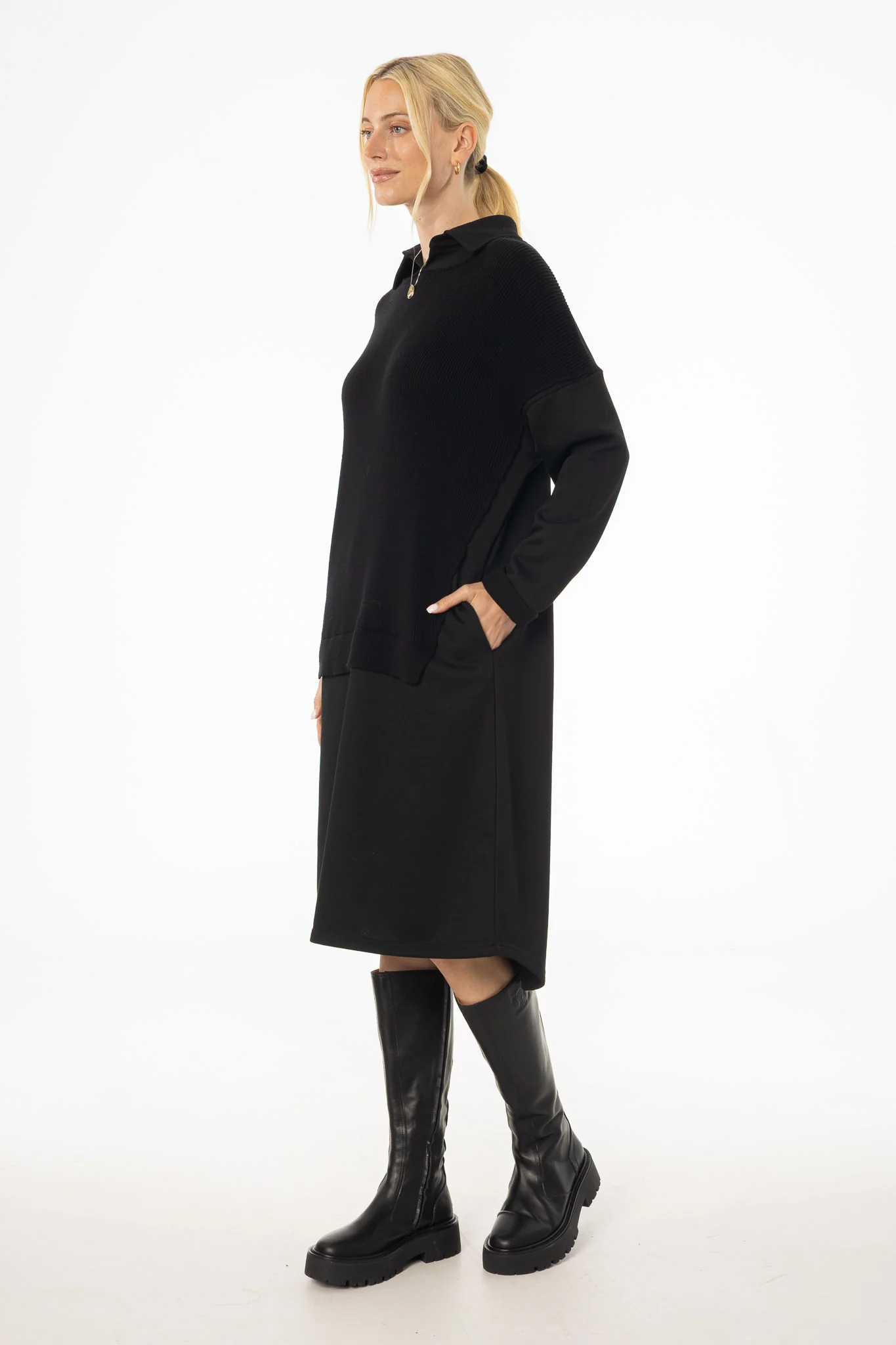 Black Sweater Shirt Dress - KJDHW