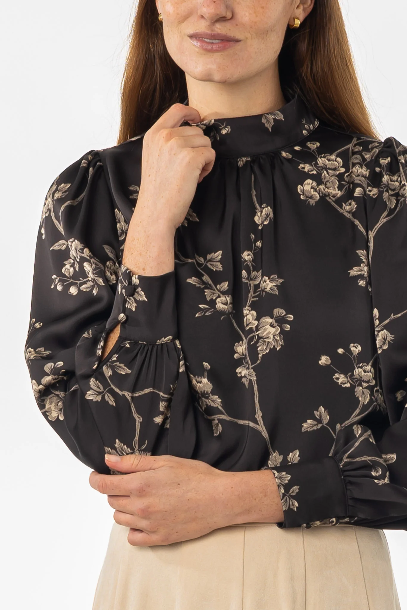 Black & Beige Mock Neck Blouse - KJDHW