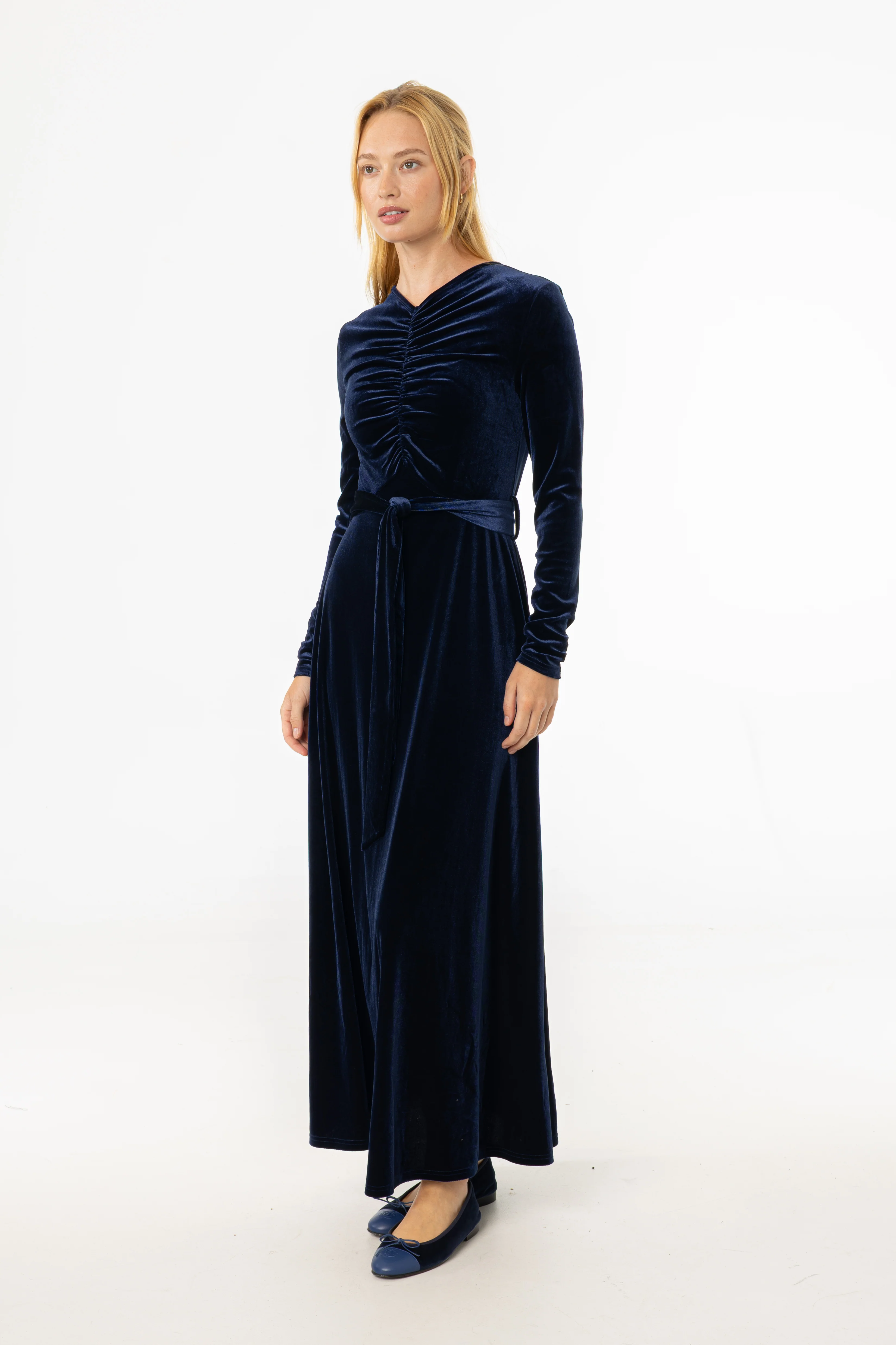 Navy Ruched Velour Maxi Dress - KJDHW