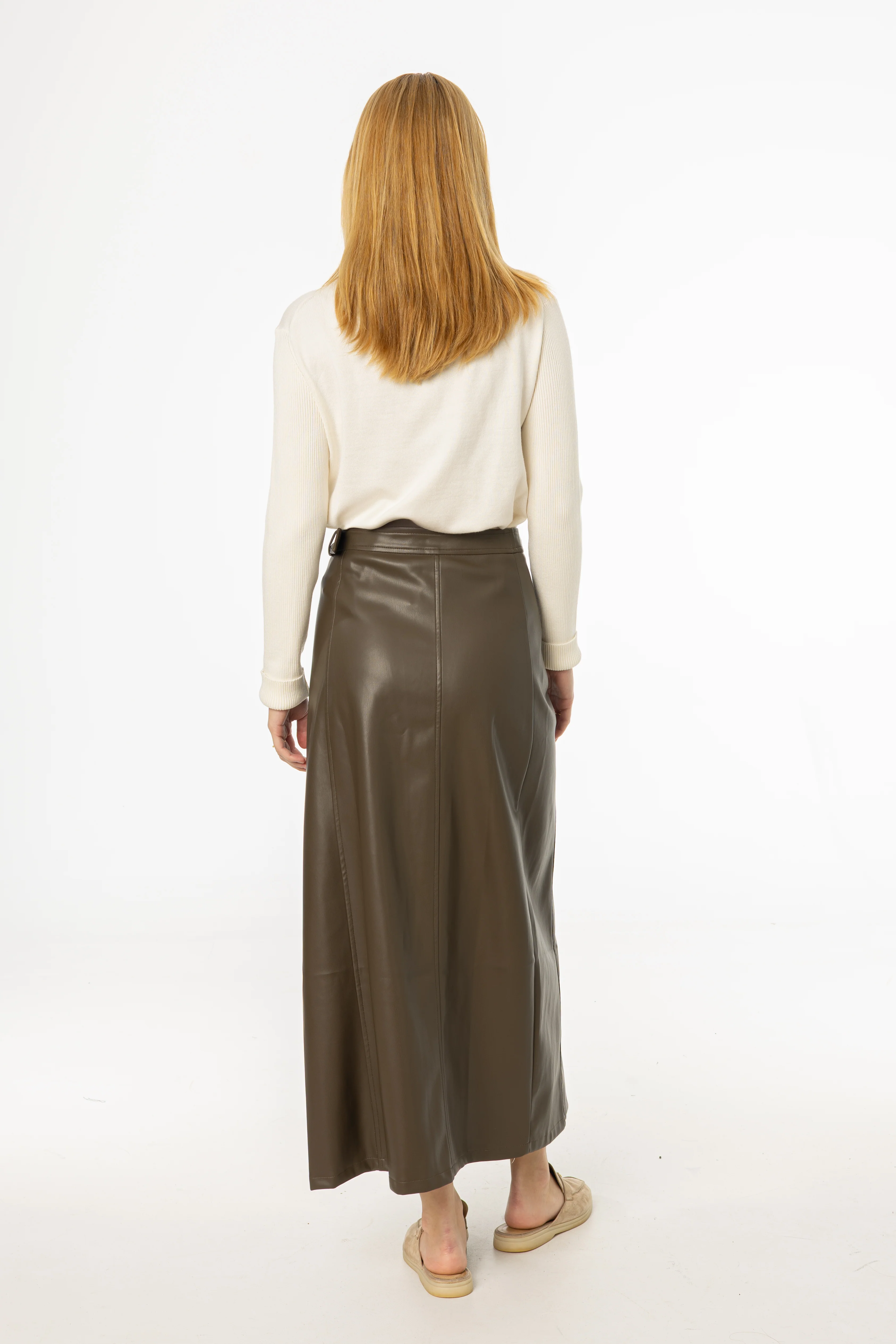 Olive Wrap Vegan Leather Maxi Skirt - KJDHW